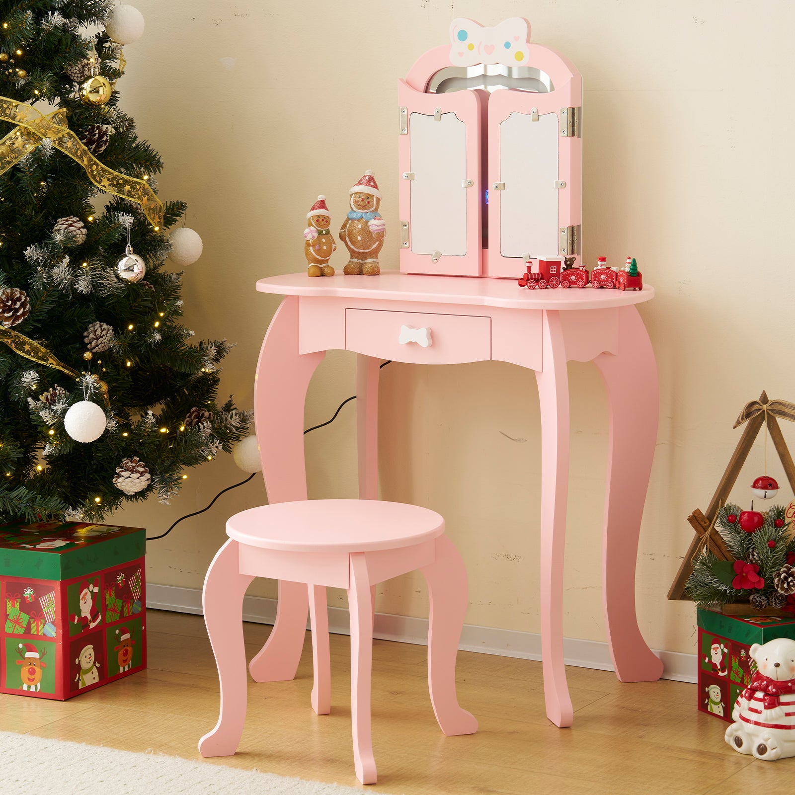 PAPROOS Kids Vanity Set with Mirror and Lights, Wood 2-in-1 Girls Vanity with Drawer, Princess Toddler Dressing Table, Pretend Play Kids Makeup Vanity Table and Chair for Little Girls Aged 3+, White