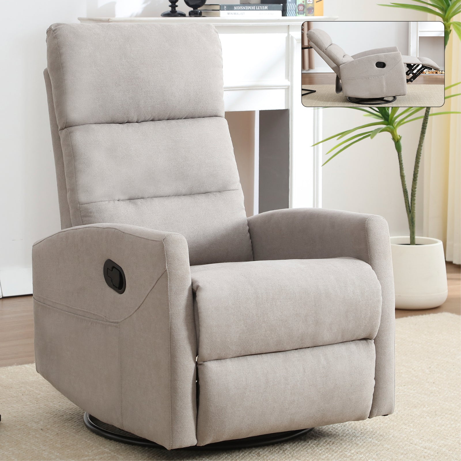 PAPROOS Swivel Rocker Recliner, Fabric 360° Swivel Rocking Recliner with 2 Side Pockets, Glider Rocking Chair for Baby Nursery, Manual Recliner for Adults for Home Theater Living Room