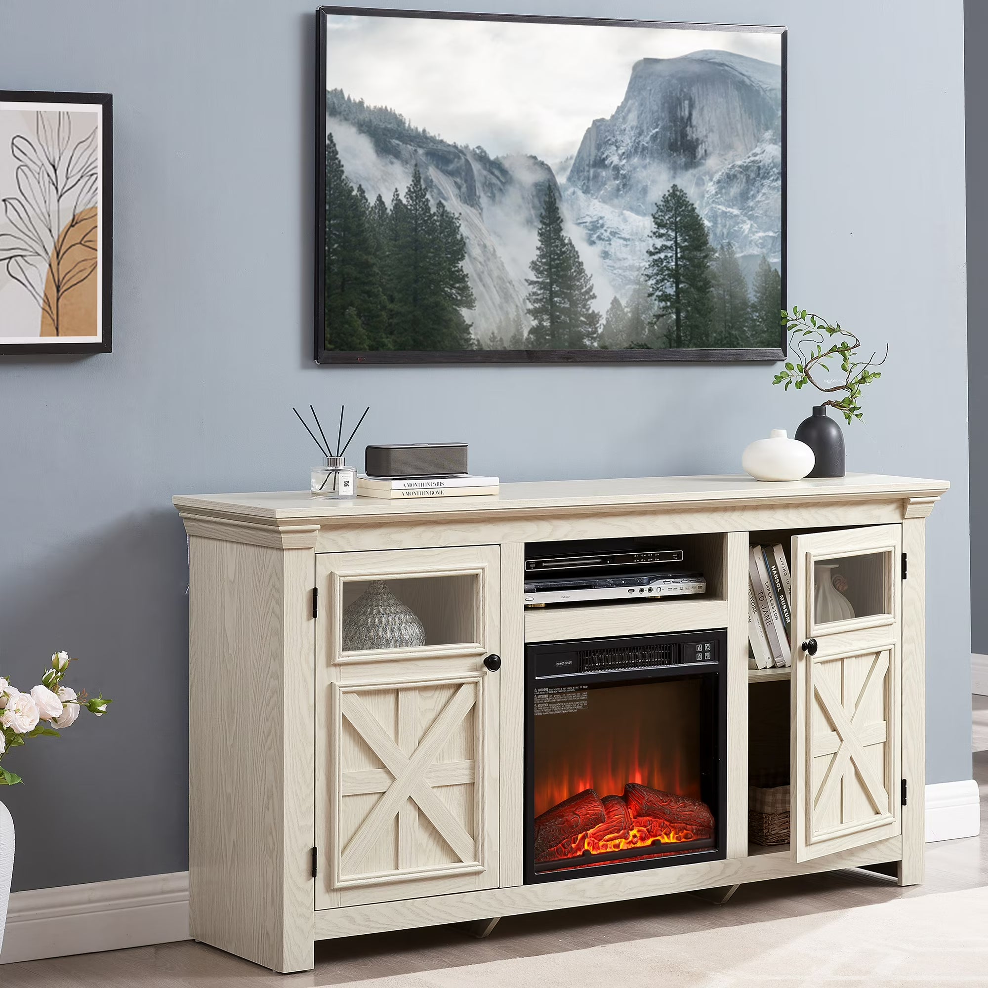 PAPROOS Electric Fireplace TV Stand with Barn Doors for 65" TV, Farmhouse Entertainment Center With Fireplace for Living Room, Wood Media Console with Cabinet and Shelves, White