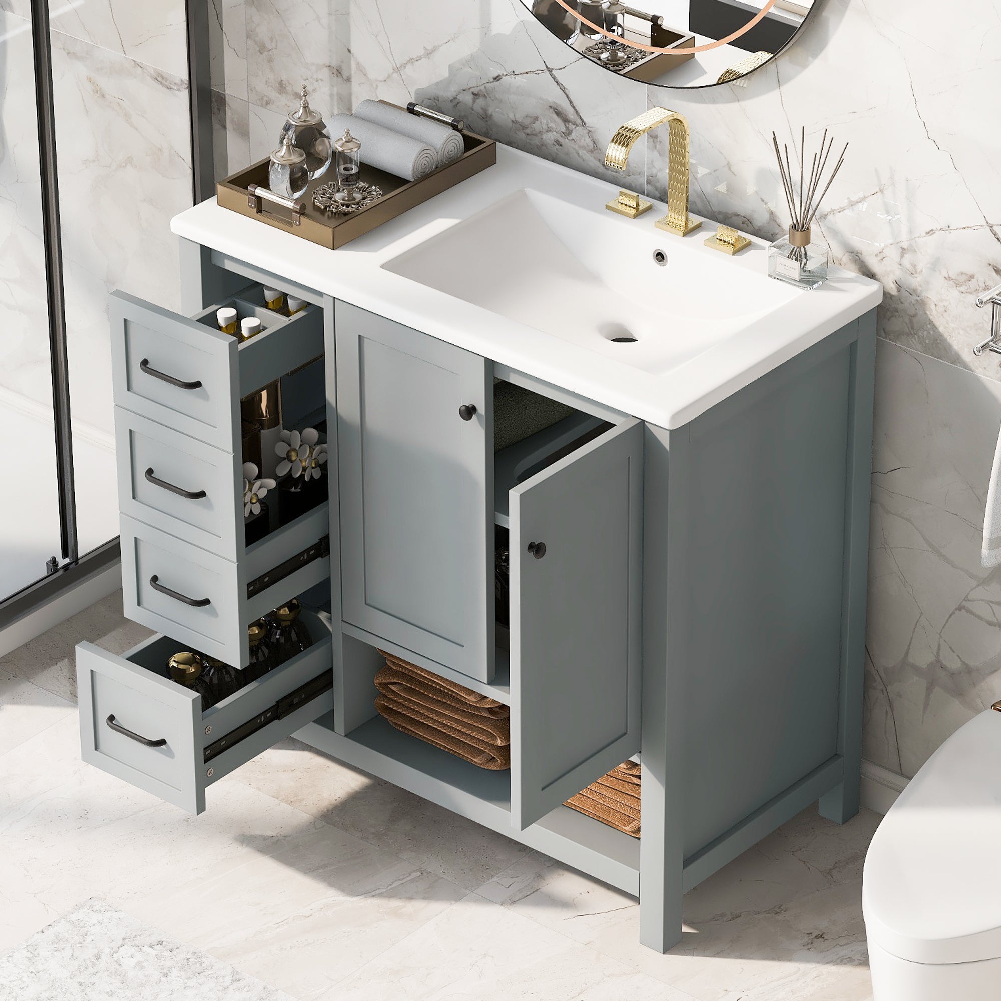 PAPROOS 36” Bathroom Vanity with Sink, Wood Bathroom Storage Cabinet with 2 Doors and 2 Drawers, Modern Basin Cabinet with Open Shelf, Freestanding Solid Wood Frame Bathroom Vanity, White