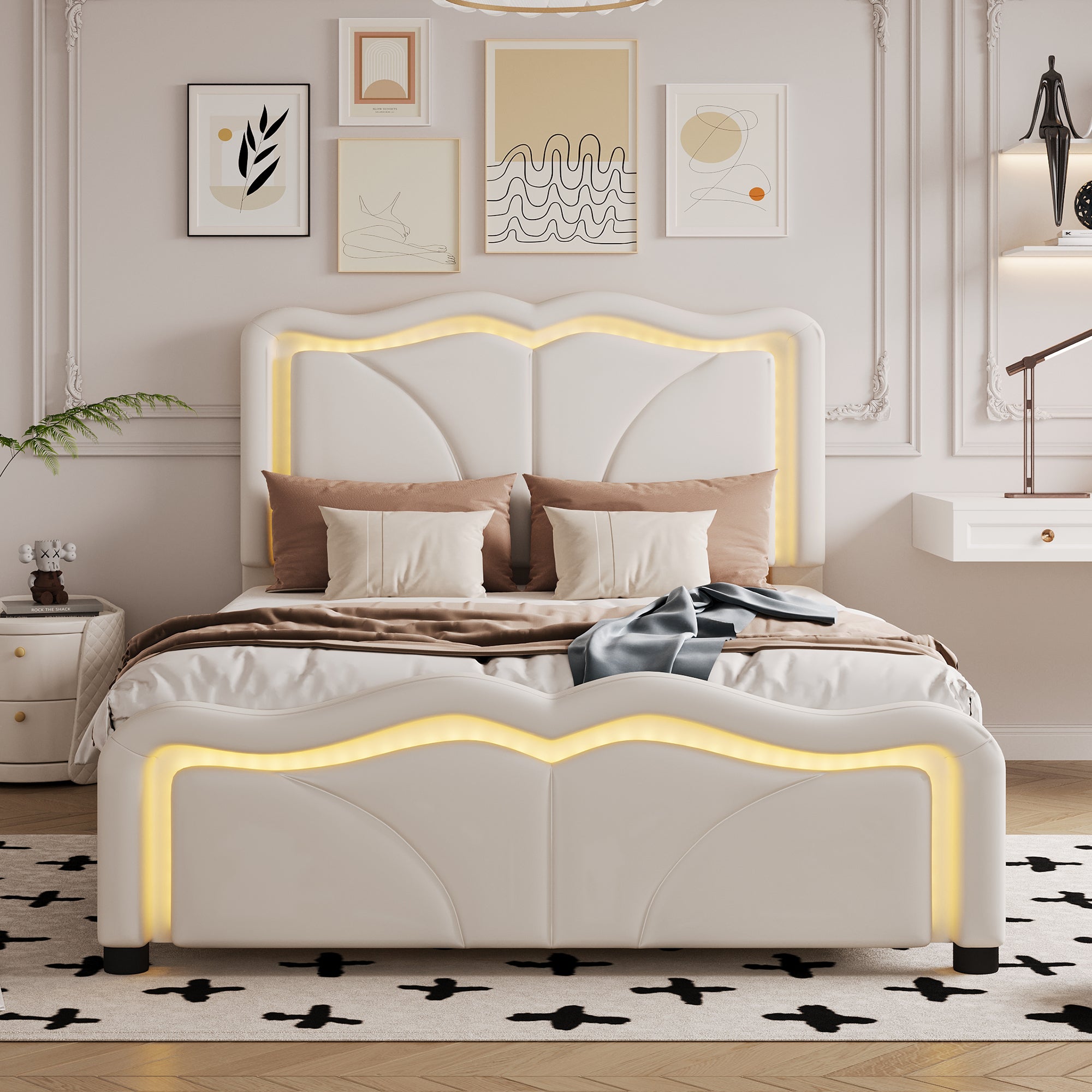 PAPROOS Full Size LED Bed Frame with Charging Station, PU Leather Upholstered Bed, Metal Platform Bed with Soft Cushioned Headboard for Adults Teens, Brown