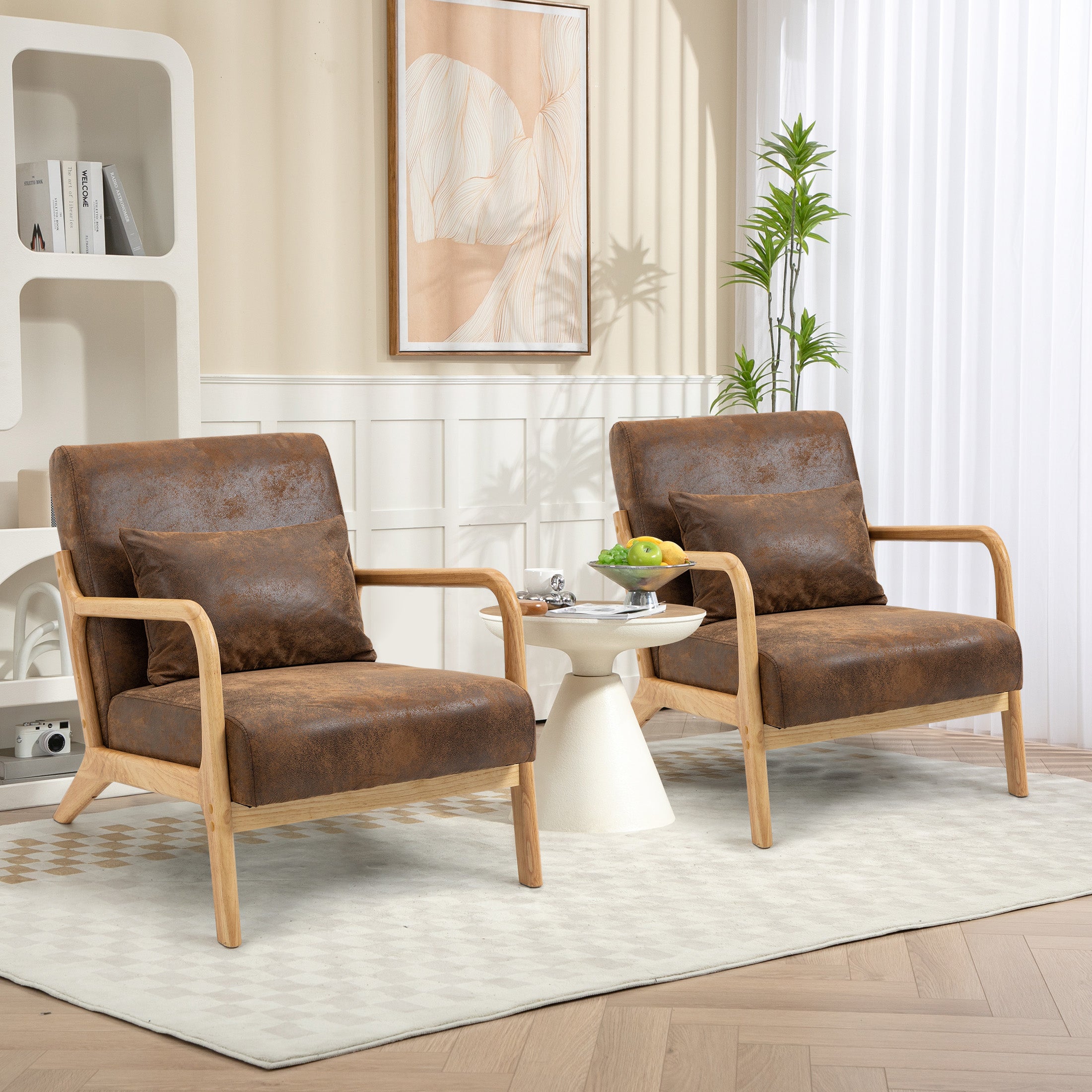 PAPROOS Accent Chair Set of 2, Mid-Century Modern Armchair with Solid Wood Frame and Extra-Thick Backrest, Fabric Upholstered Reading Chair for Living Room Bedroom, Beige