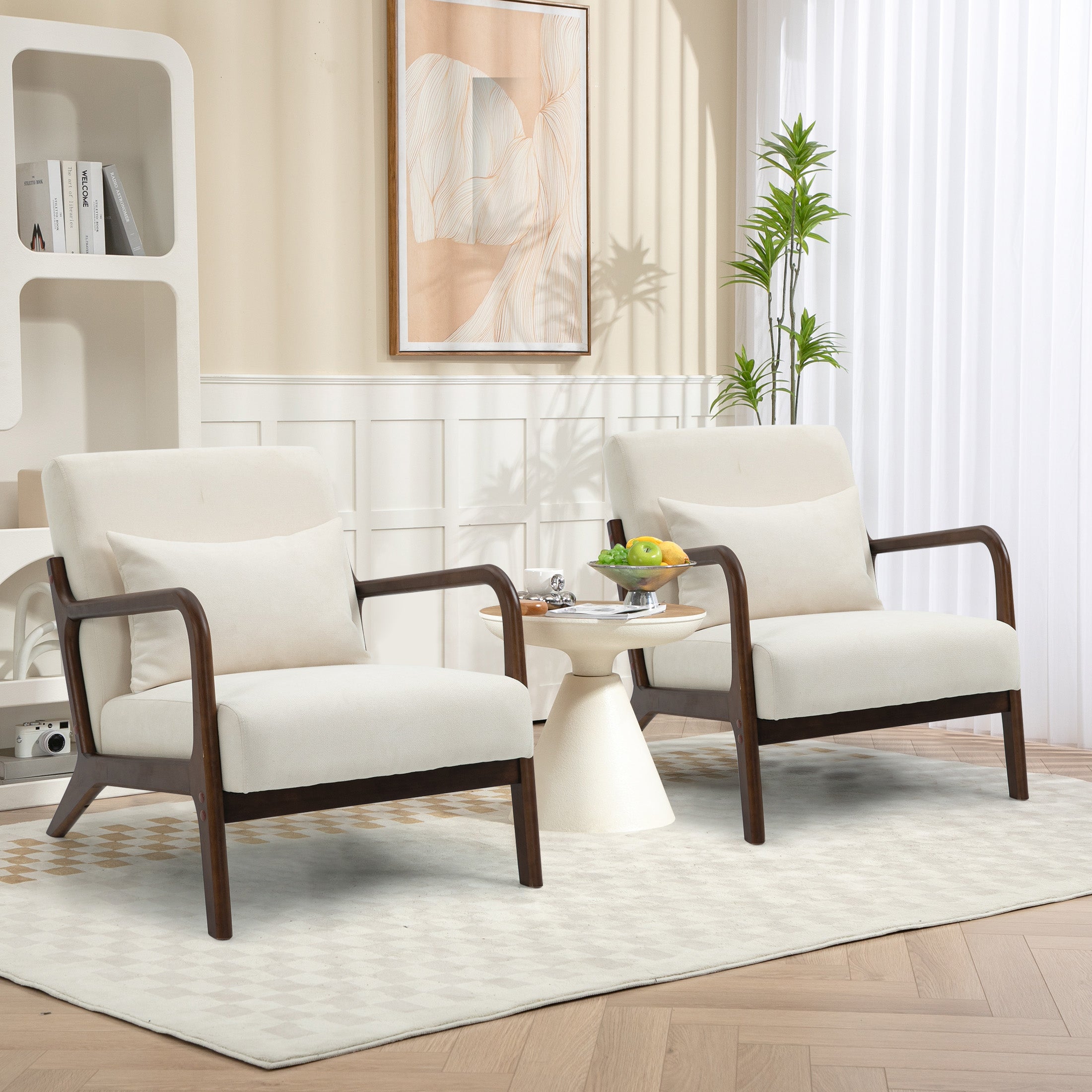 PAPROOS Accent Chair Set of 2, Mid-Century Modern Armchair with Solid Wood Frame and Extra-Thick Backrest, Fabric Upholstered Reading Chair for Living Room Bedroom, Beige