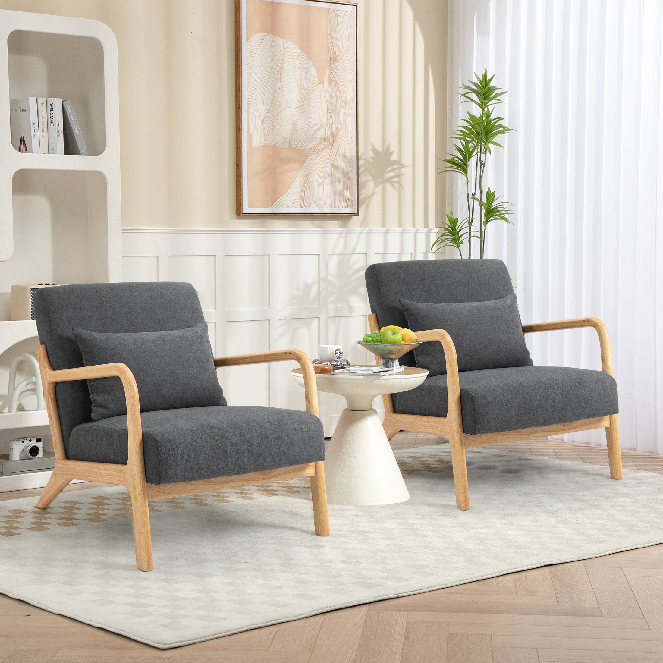 PAPROOS Accent Chair Set of 2, Mid-Century Modern Armchair with Solid Wood Frame and Extra-Thick Backrest, Fabric Upholstered Reading Chair for Living Room Bedroom, Beige