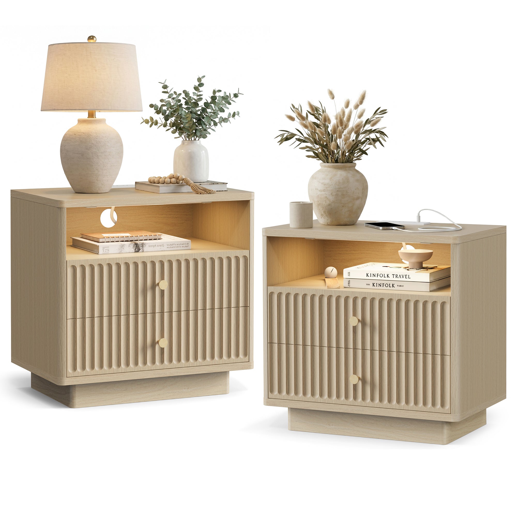 Fluted Nightstand with Charging Station