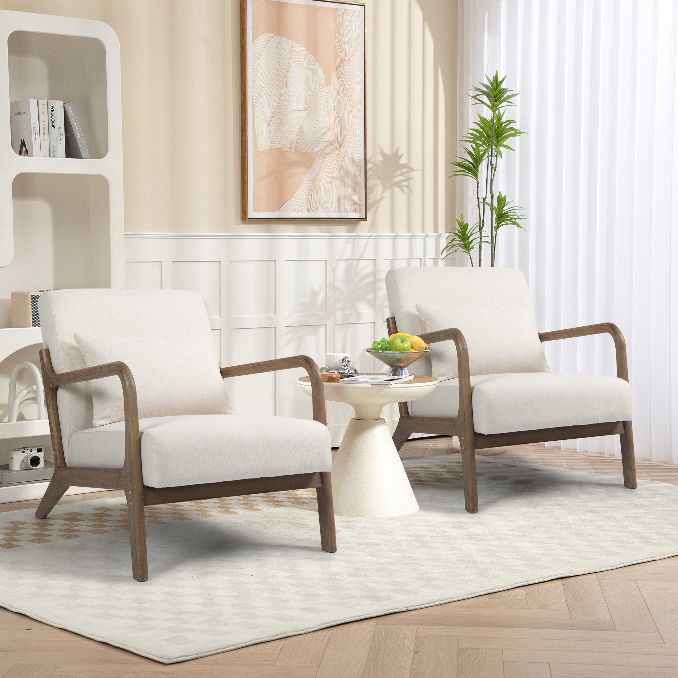 PAPROOS Accent Chair Set of 2, Mid-Century Modern Armchair with Solid Wood Frame and Extra-Thick Backrest, Fabric Upholstered Reading Chair for Living Room Bedroom, Beige