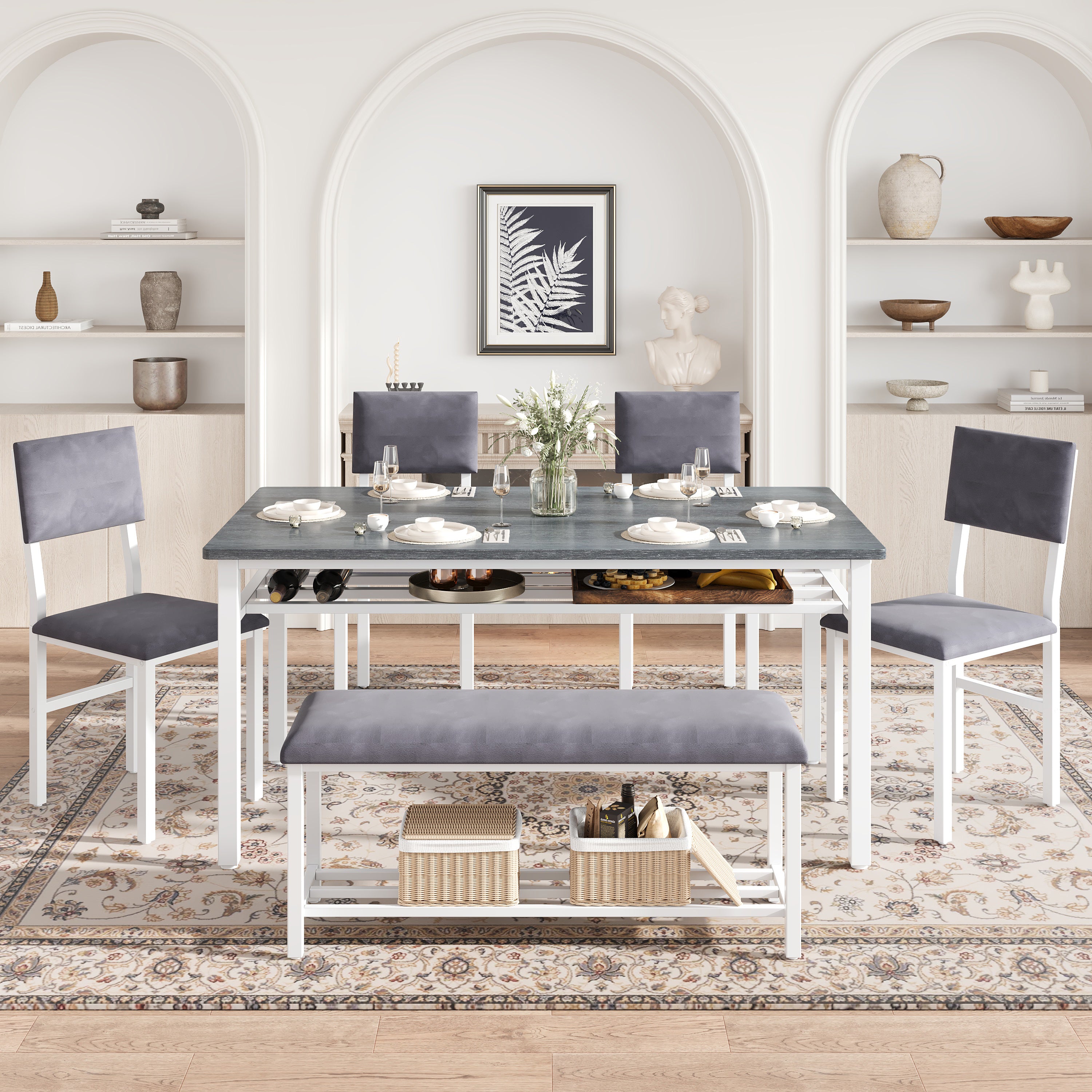 PAPROOS Dining Table Set for 6, 6 Piece Dining Room Set with Wooden Table Top, PU Leather Upholstery Chairs and Bench, Modern Dinette Sets for Big Family, Kitchen Table and Chairs Set, Rustic Brown