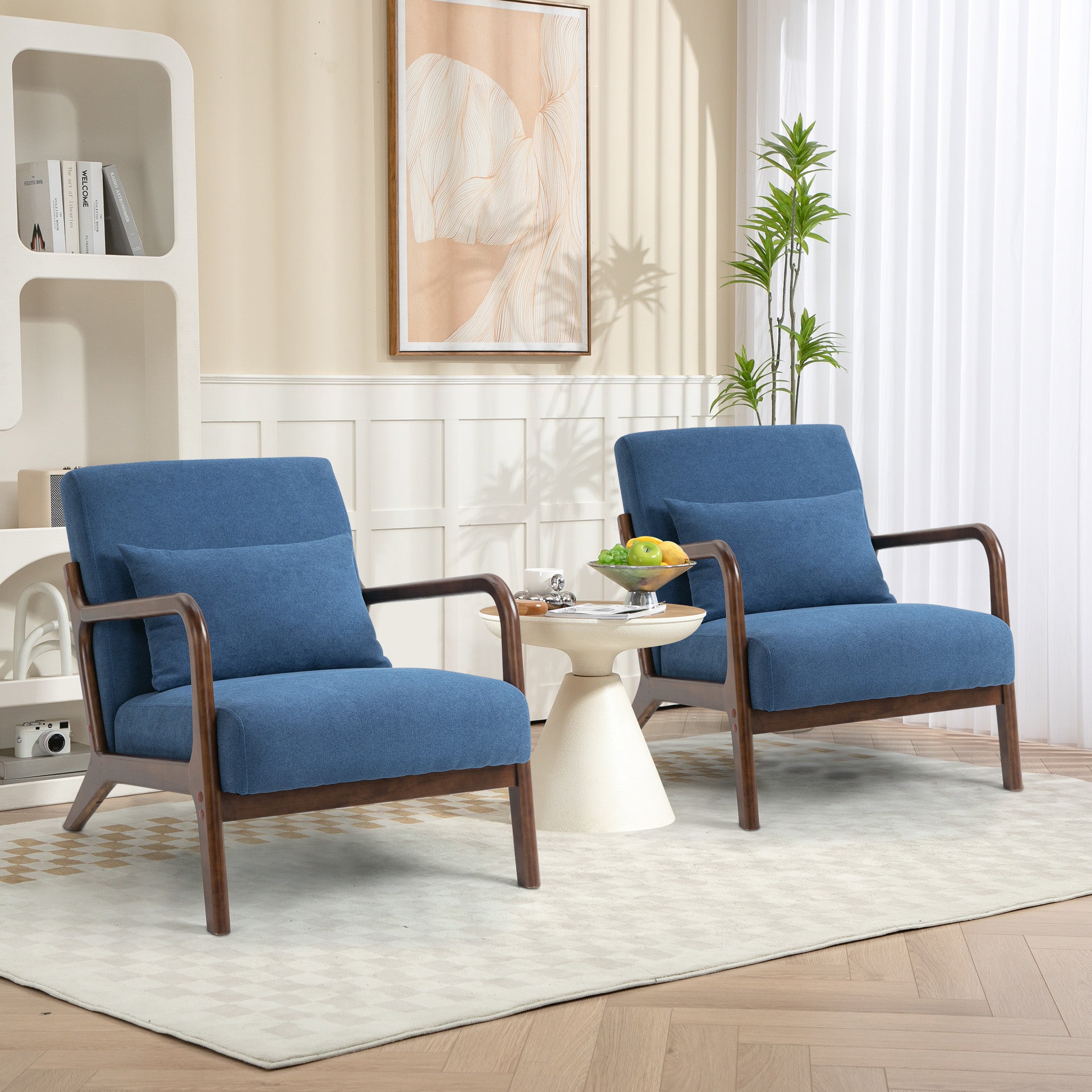 PAPROOS Accent Chair Set of 2, Mid-Century Modern Armchair with Solid Wood Frame and Extra-Thick Backrest, Fabric Upholstered Reading Chair for Living Room Bedroom, Beige