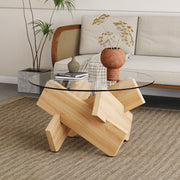 Tempered Glass Coffee Table, Round Cocktail Table with 4 Cross Wooden Legs for Home Office Living Room, Easy to Clean, Wood Color