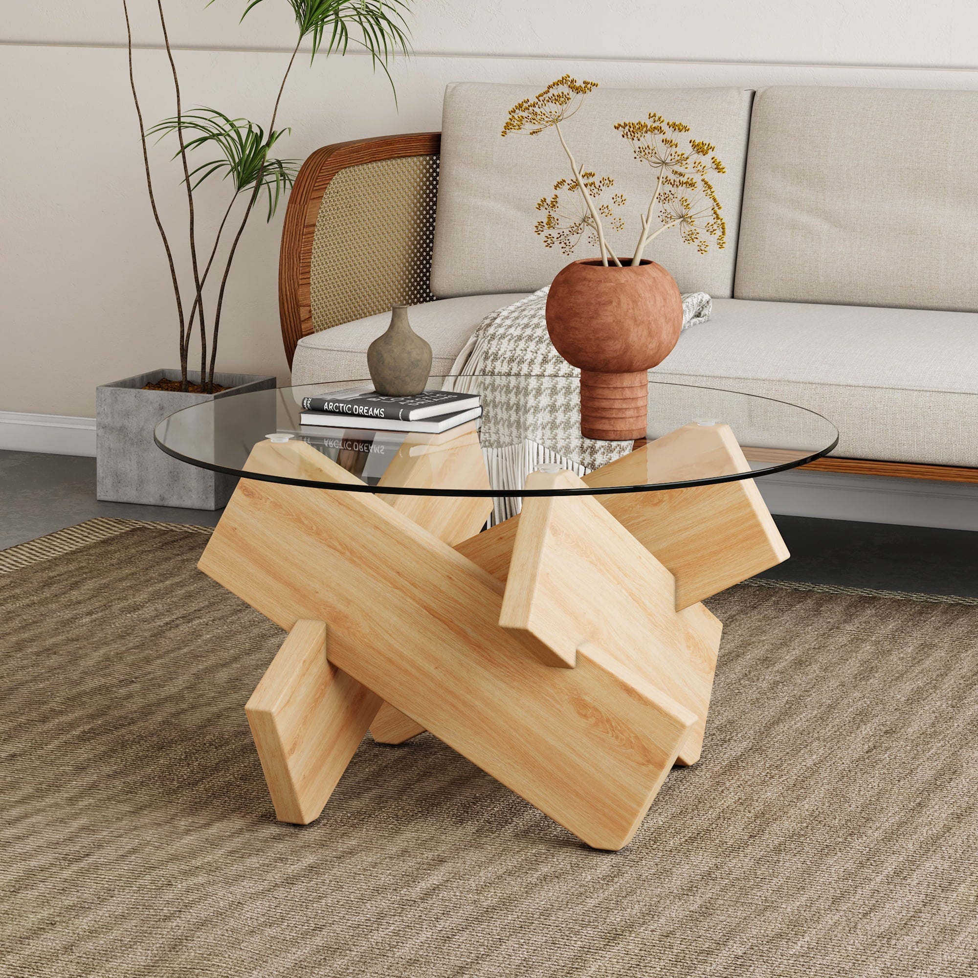 Tempered Glass Coffee Table, Round Cocktail Table with 4 Cross Wooden Legs for Home Office Living Room, Easy to Clean, Wood Color