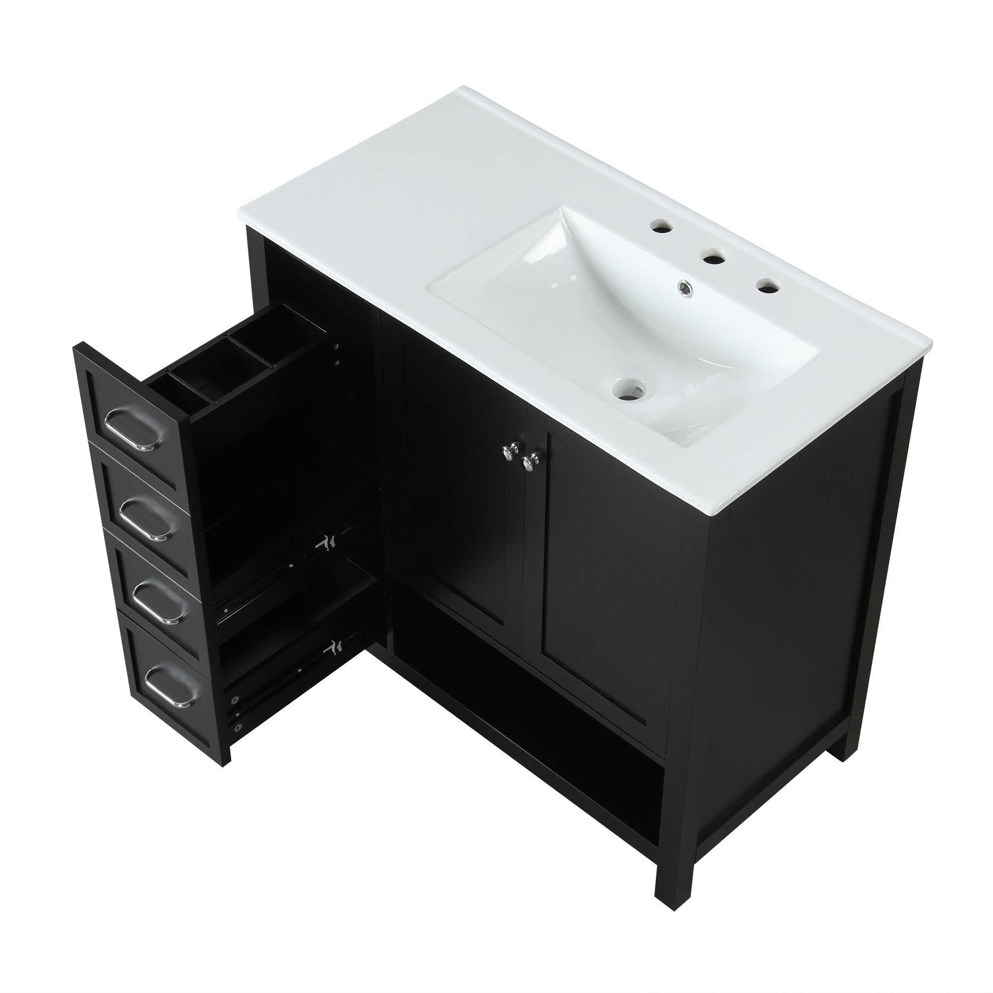 PAPROOS 36” Bathroom Vanity with Sink, Wood Bathroom Storage Cabinet with 2 Doors and 2 Drawers, Modern Basin Cabinet with Open Shelf, Freestanding Solid Wood Frame Bathroom Vanity, White
