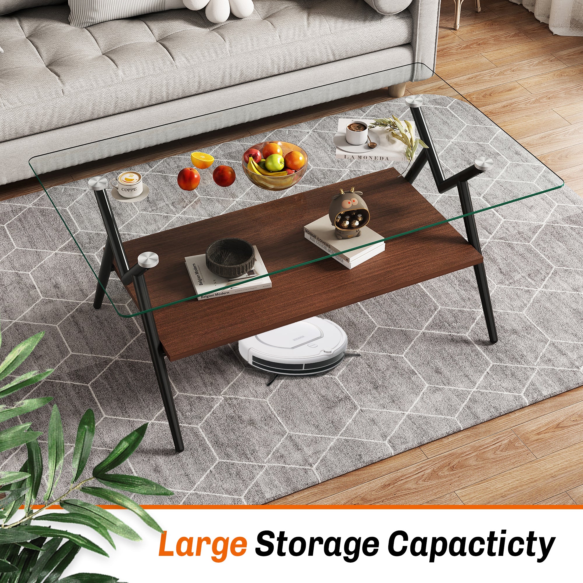 38’’ Glass Coffee Table, Paproos Rectangle Coffee Table with Storage, Modern Small Coffee Table with Metal Legs, Center Table Tea Table for Living Room, Brown & Black