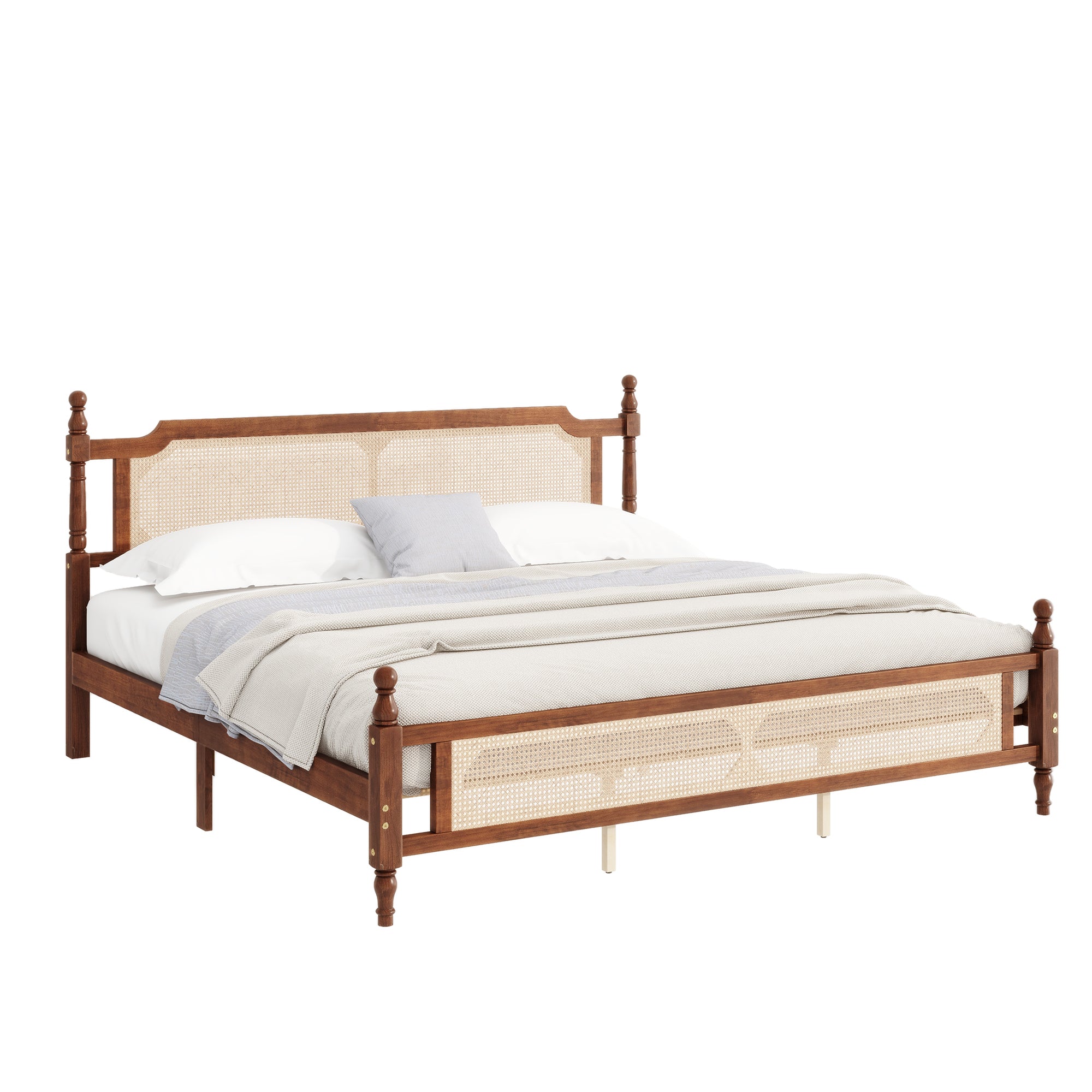 PAPROOS King Platform Bed Frame, Wood King Size Bed Frame with Rattan Headboard, Modern Bed Frame King with Central Enhanced for Adults, No Box Spring Needed