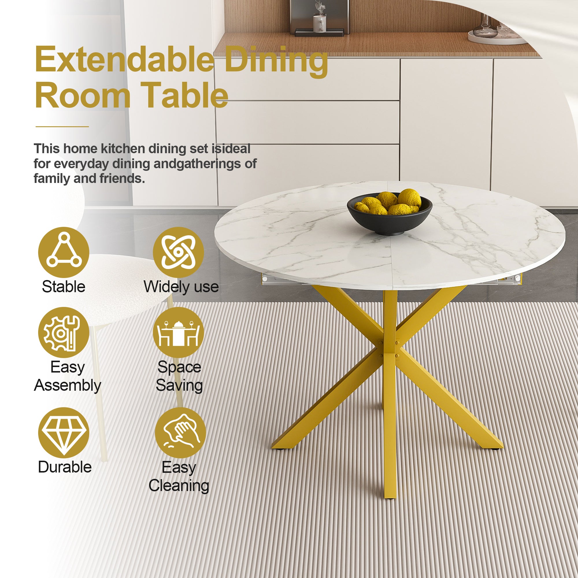 PAPROOS Extendable Dining Table for 4-6, 60'' Expandable Round Dining Room Table with Metal Legs, Faux Marble Kitchen Table for Small Places, Breakfast Nook