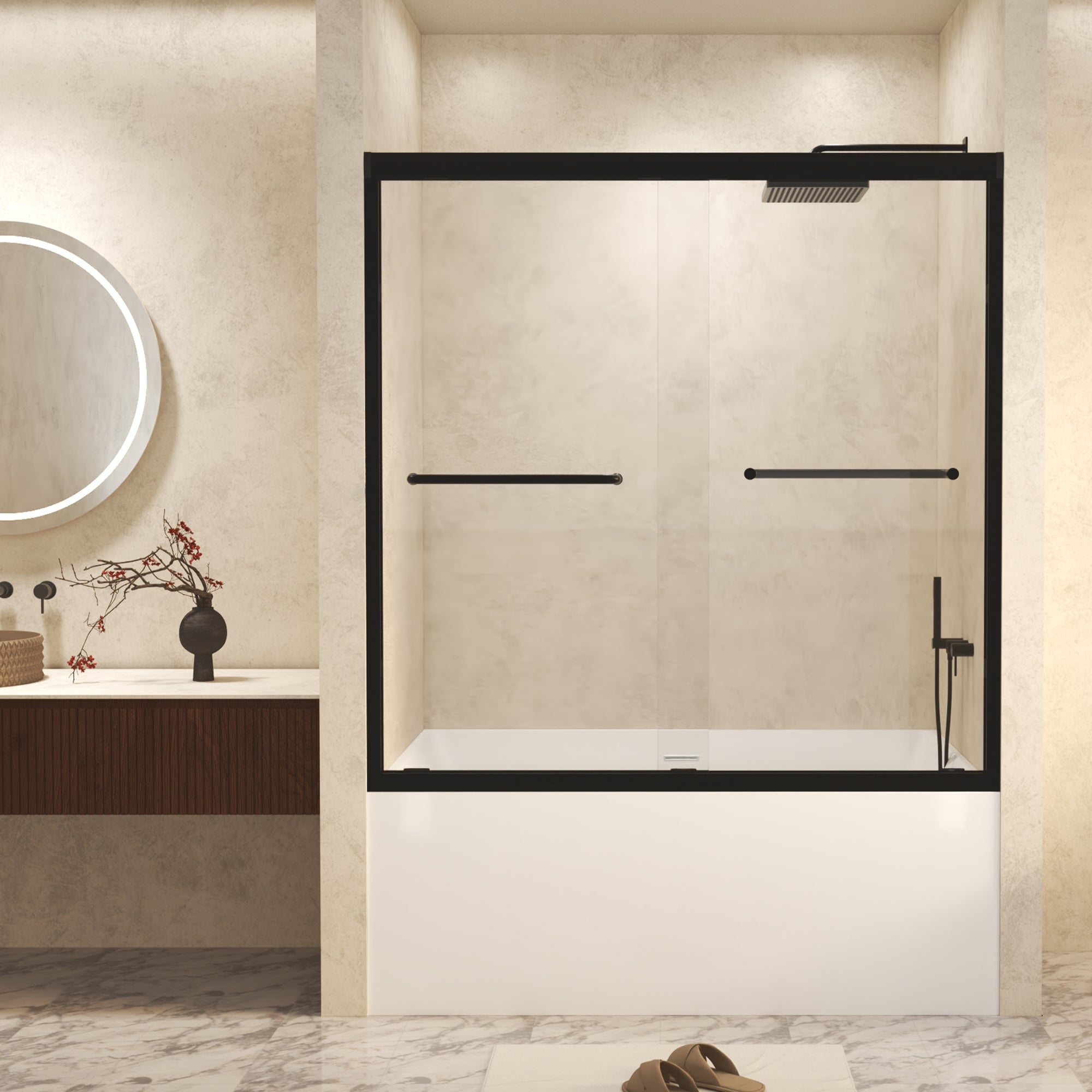 PAPROOS 56"-60" W x 72" H Double Sliding Shower Door, Modern Tub Door with Aluminum Frame, Bathtub Door with 1/4” (6 mm) Clear Tempered Glass, Stainless Steel Handle, SGCC Certified, Matte Black