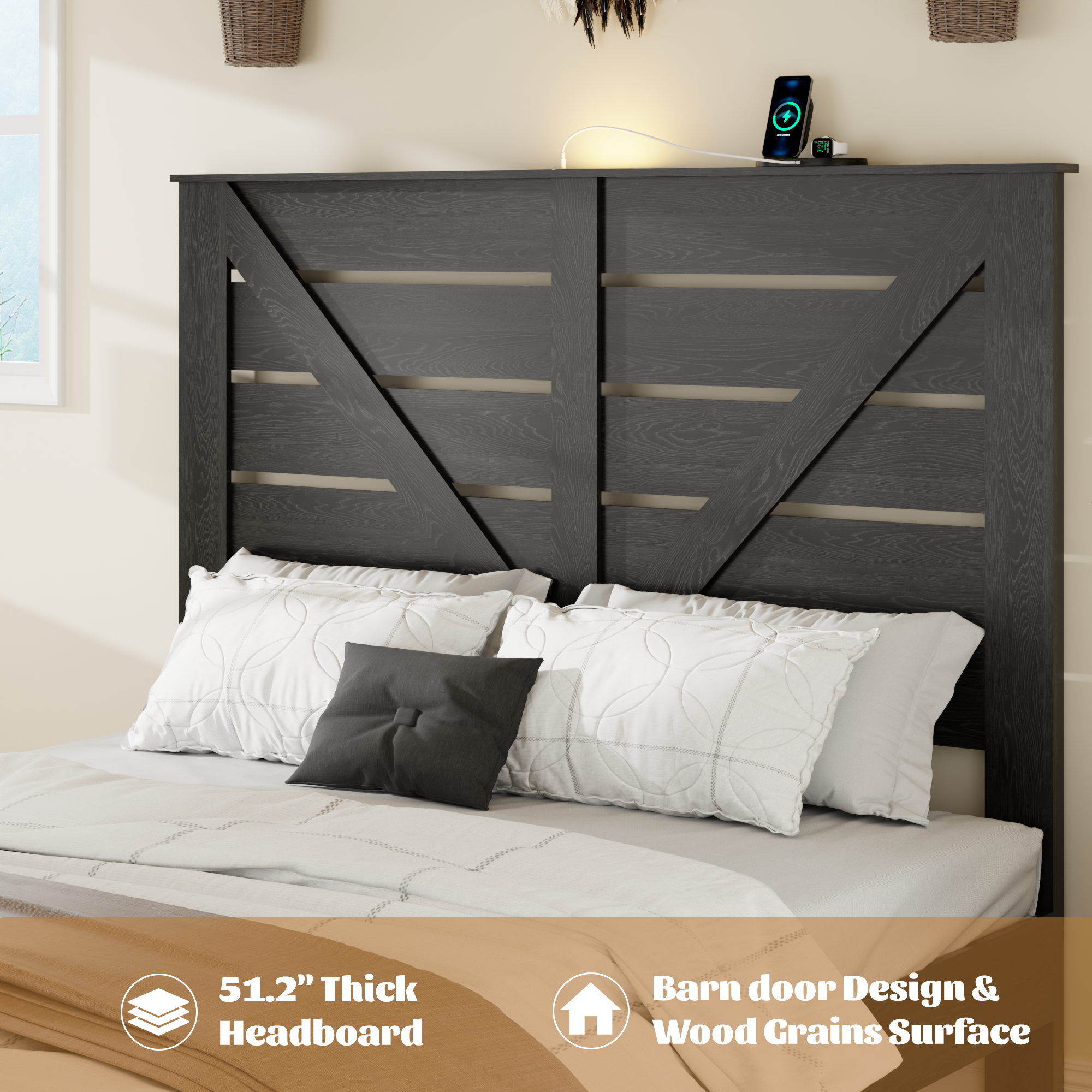PAPROOS Queen Bed Frame with Headboard, Farmhouse Queen Bed with Charging Station and Touch Lamp, Wood Platform Bed with Metal Slats, No Box Spring Needed, Noise Free