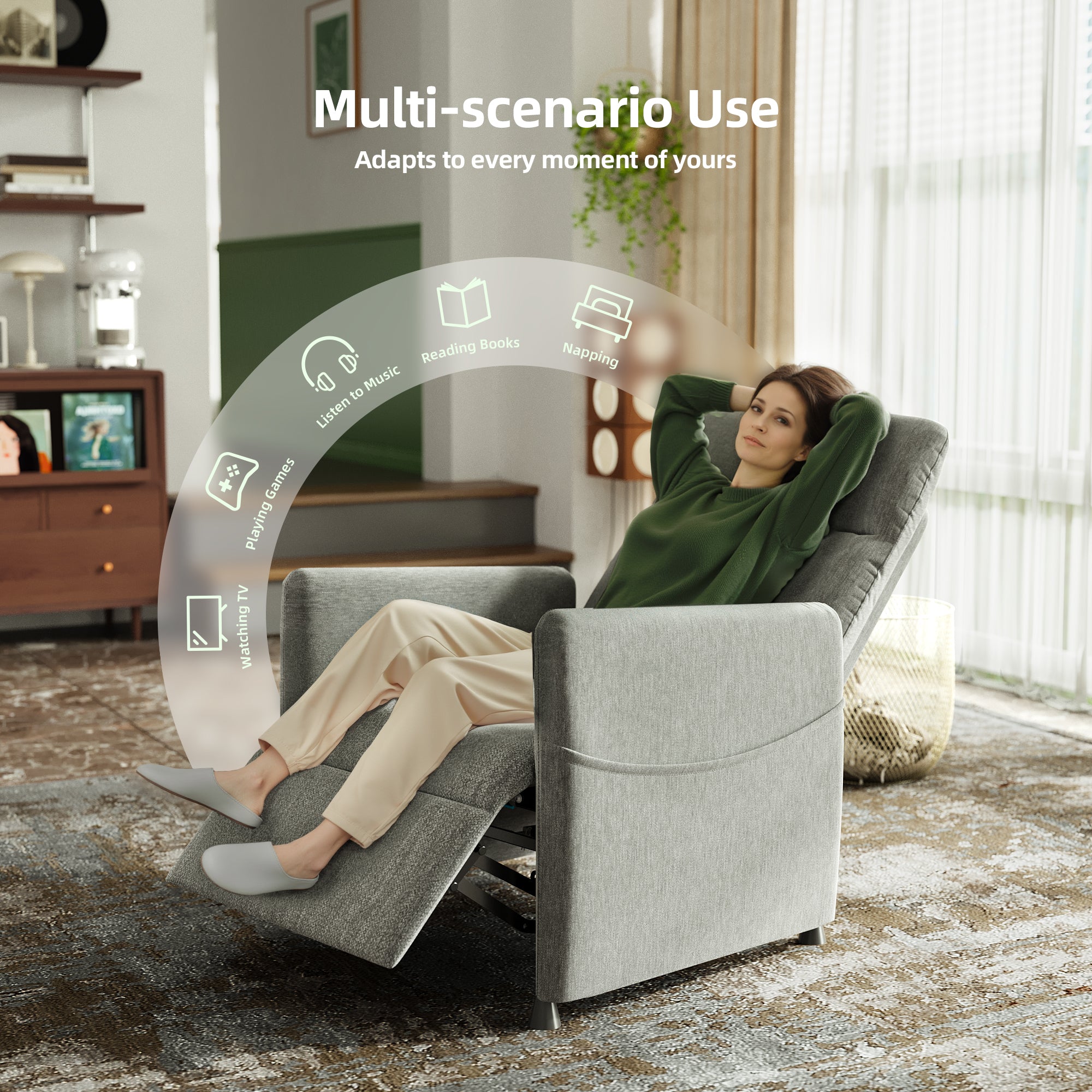 Electric Recliner Chair for Adults, PAPROOS Velvet Power Recliner Chair with Footrest & Padded Seat, Small Reclining Sofa with Side Pocket, Manual Recliner for Living Room Home Theater, Light Grey