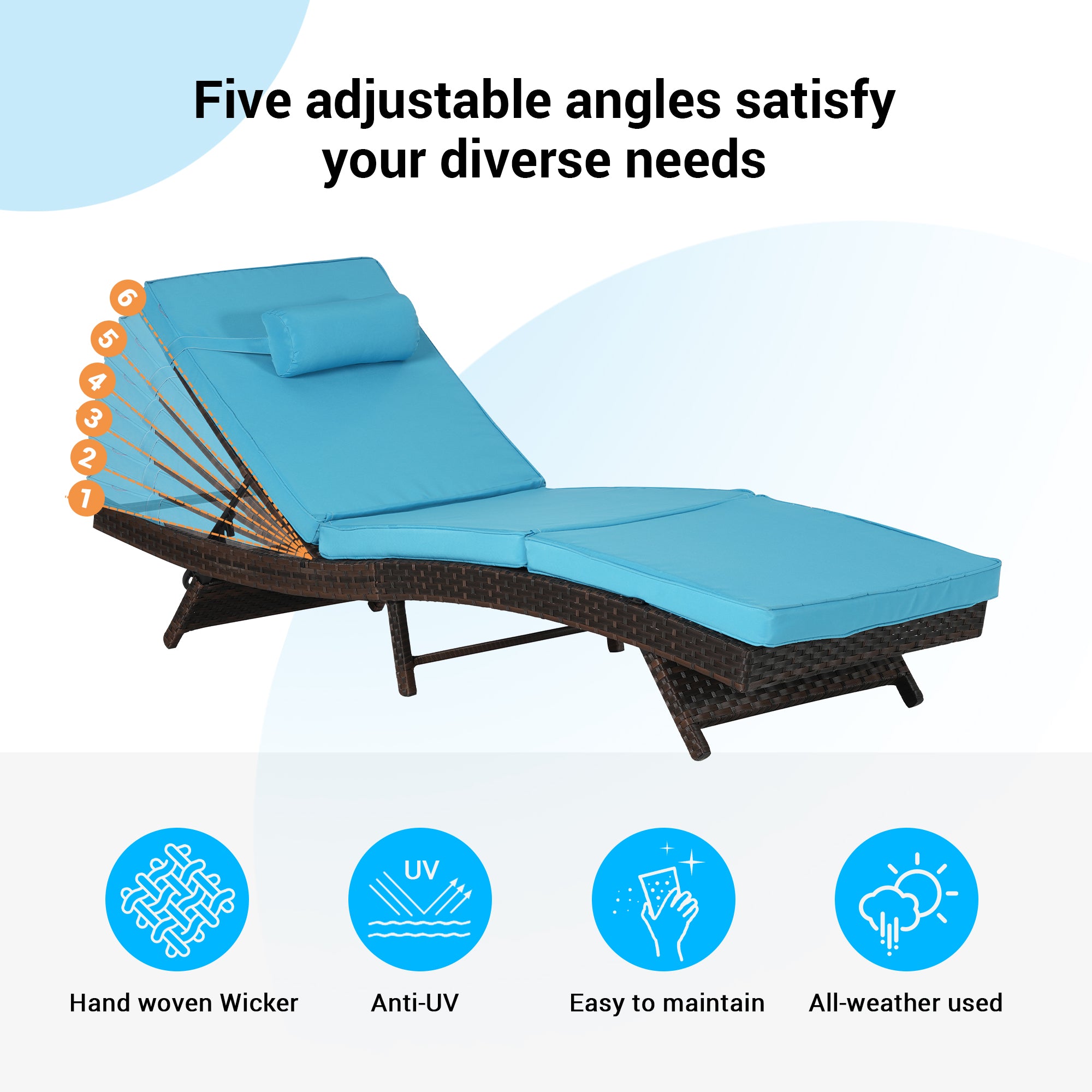 Outdoor Chaise Lounge Chair Set of 2, Wicker Outdoor Lounger Recliner with Cushions and 5-Level Adjustment Backrest, Modern Patio Lounge Chair for Poolside, Garden,