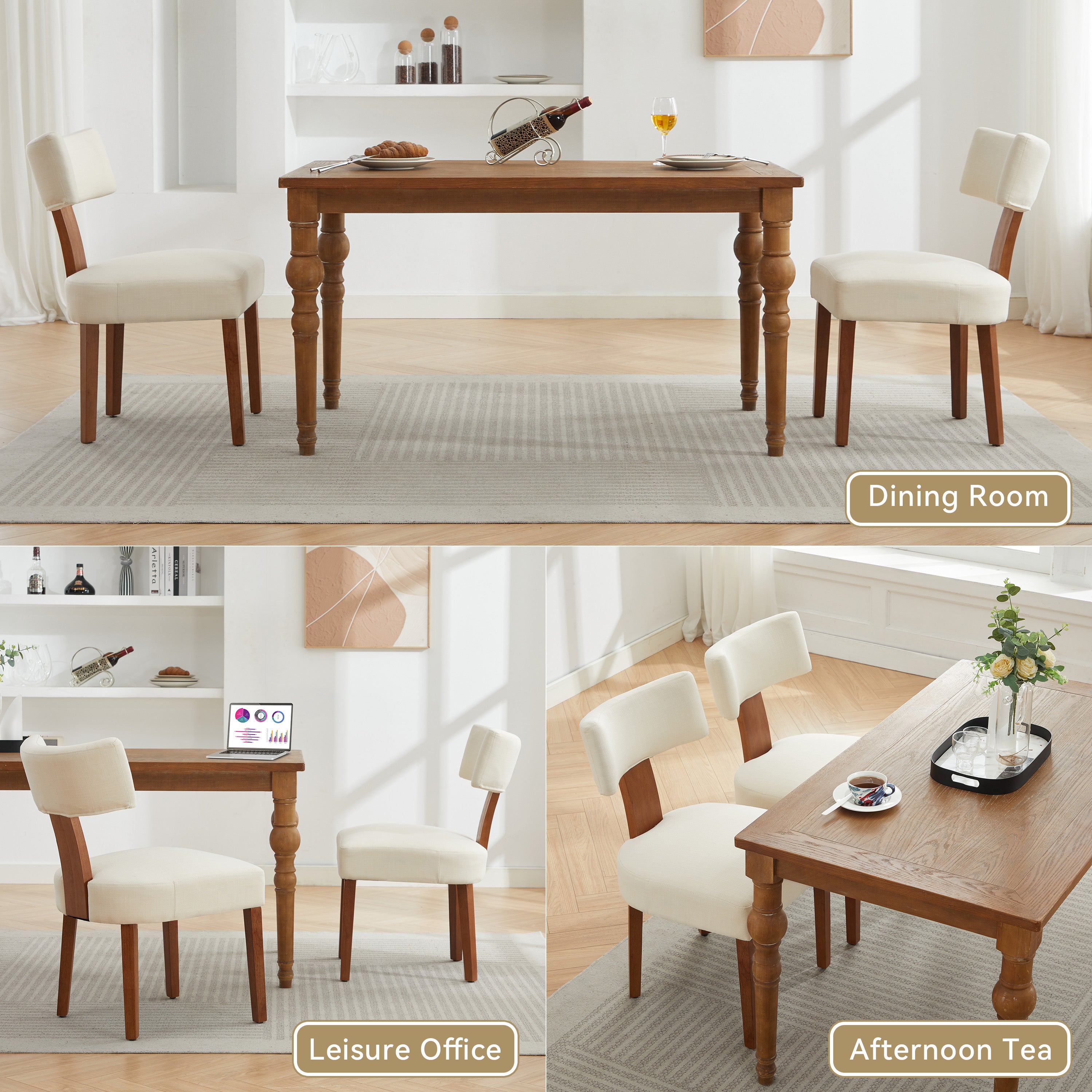 Dining Chairs Set of 2, Paproos Linen Upholstered Dining Chairs, Modern Accent Chair Side Chair with Curved Backrest and Adjustable Foot, Dining Room Chairs for Kitchen Dining Living Room