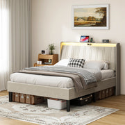 PAPROOS Full Bed Frame, Full Bed with Charging Station and LED Light, Velvet Upholstered Headboard, Metal Platform Bed with Wooden Slats, No Box Spring Needed