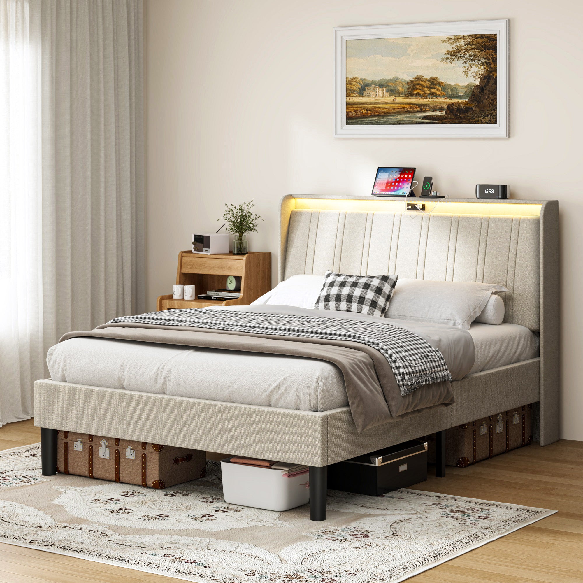 PAPROOS Full Bed Frame, Full Bed with Charging Station and LED Light, Velvet Upholstered Headboard, Metal Platform Bed with Wooden Slats, No Box Spring Needed