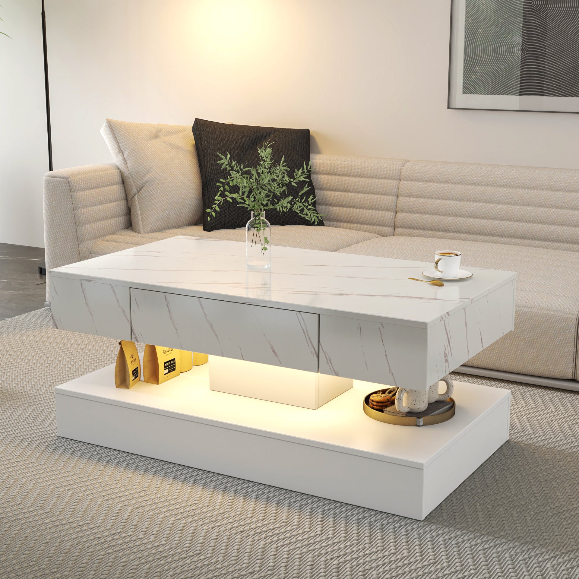 PAPROOS LED White Coffee Table 39" with 2 Drawers