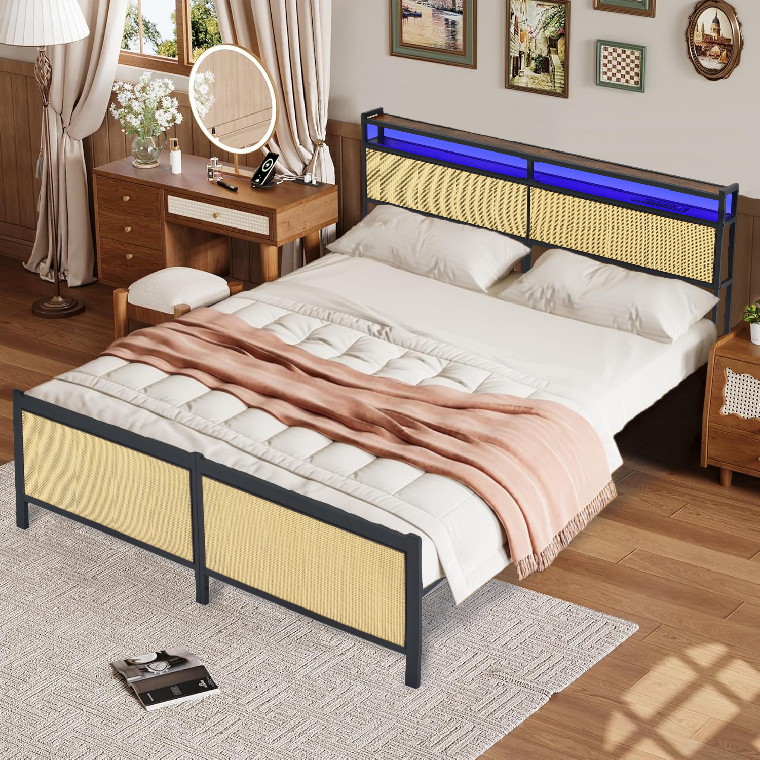 PAPROOS Full Size Bed Frame with Charging Station and LED Light, Metal Platform Bed with Under Bed Storage, No Box Spring Needed, Easy Assembly, Black