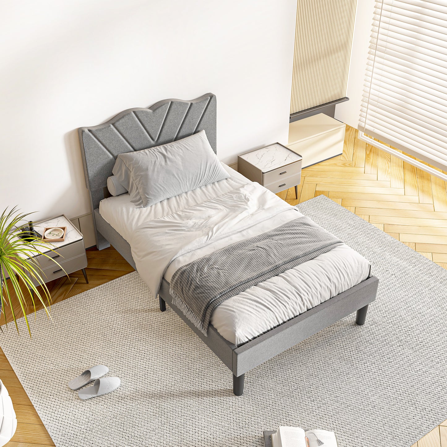 PAPROOS Twin Bed Frame, Twin Bed with Velvet Upholstered Headboard, Metal Platform Bed with Under Bed Storag, No Box Spring Needed, Noise-Free