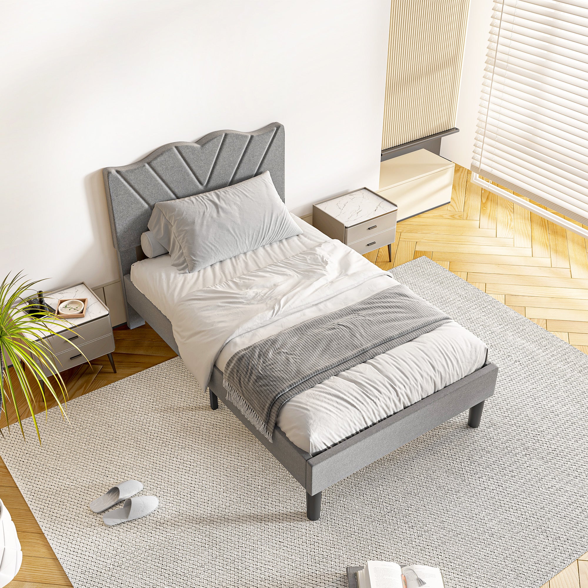 PAPROOS Twin Bed Frame, Twin Bed with Velvet Upholstered Headboard, Metal Platform Bed with Under Bed Storag, No Box Spring Needed, Noise-Free
