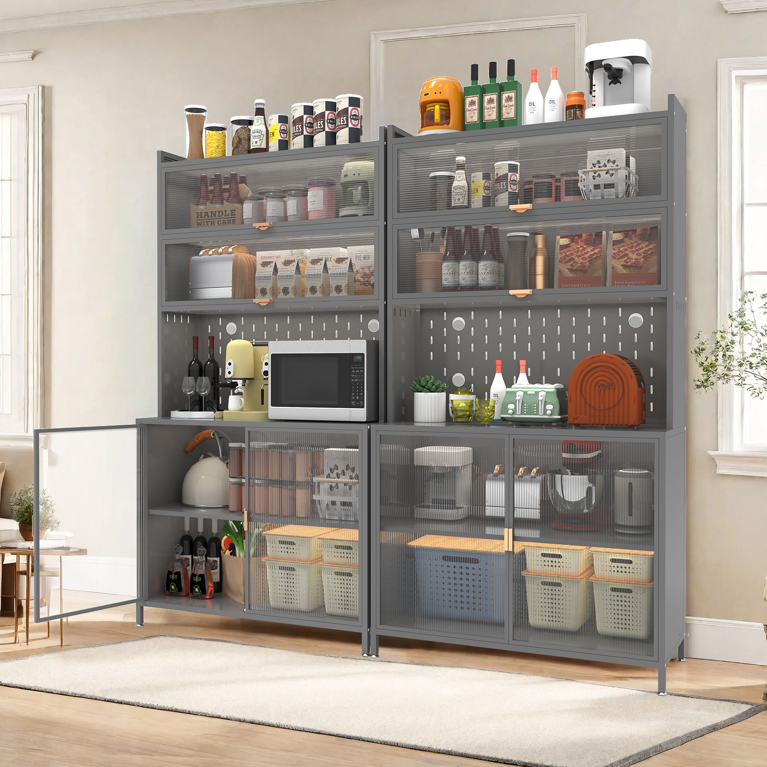 PAPROOS 73” Tall Kitchen Pantry Cabinet, Metal Pantry Cabinet with 6 Level Flip Doors, Pegboard, Modern Pantry Storage Cabinet with Anti-Tip Design, Hutch for Kitchen, Dining Room, Living Room