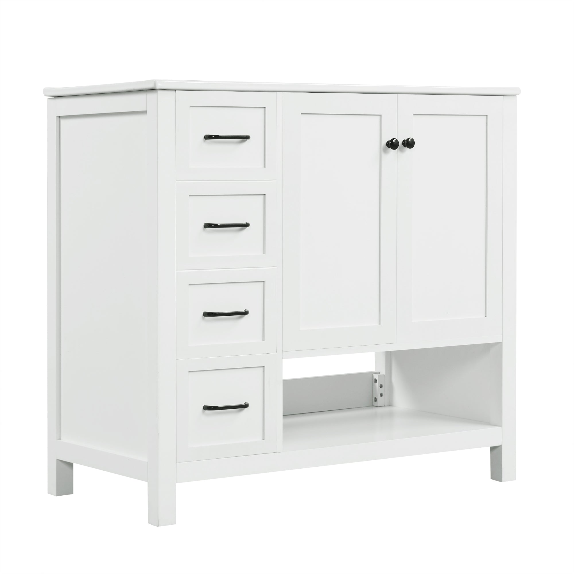 PAPROOS 36” Bathroom Vanity with Sink, Wood Bathroom Storage Cabinet with 2 Doors and 2 Drawers, Modern Basin Cabinet with Open Shelf, Freestanding Solid Wood Frame Bathroom Vanity, White