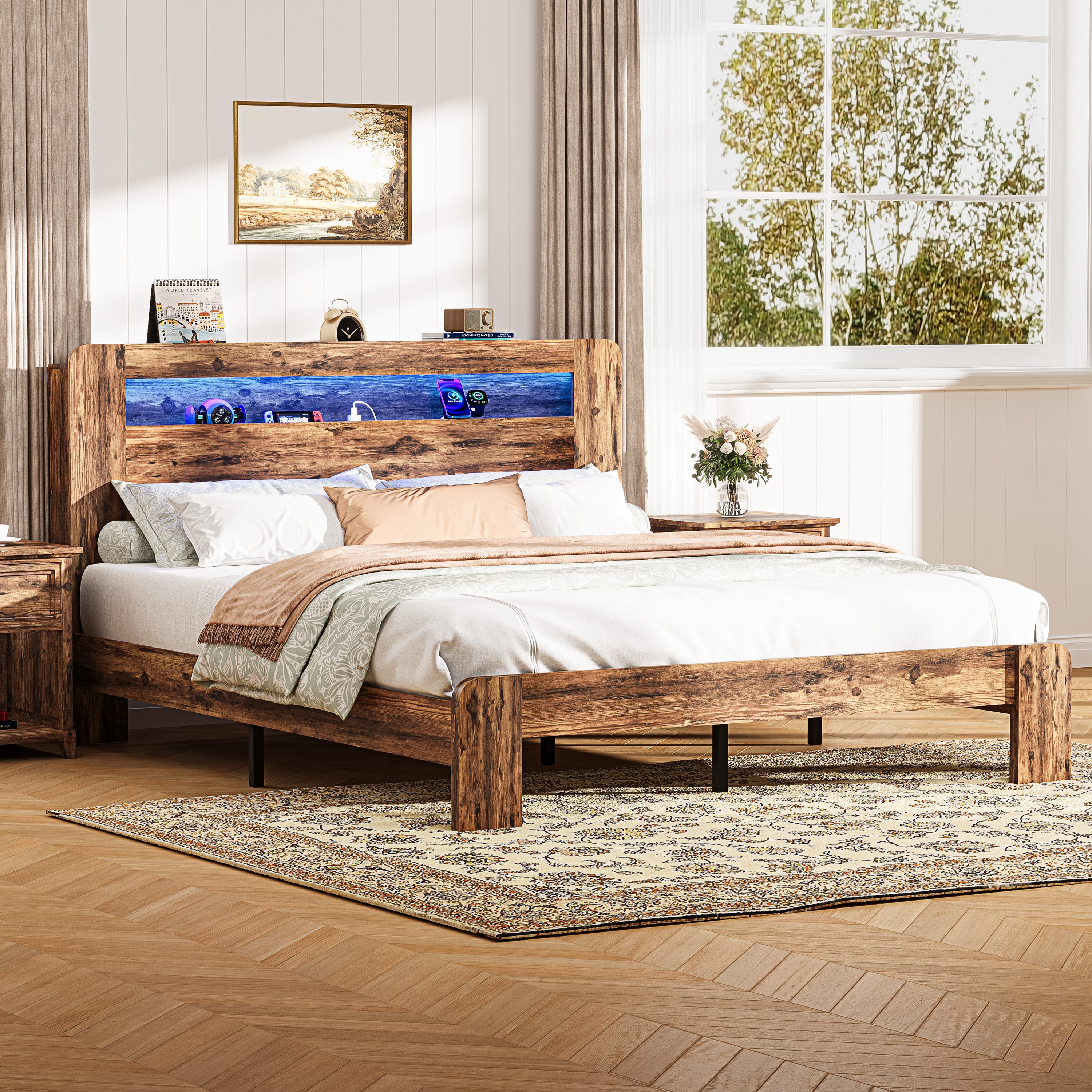 PAPROOS Queen Size Bed Frame, Wood Platform Bed with Charging Station and LED Light