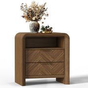 PAPROOS Nightstand with 2 Drawers and Open Shelf, 22.8" Wide Herringbone Bedside Table, Walnut Wood End Table with Curved Design and Gold Metal Handles for Bedroom
