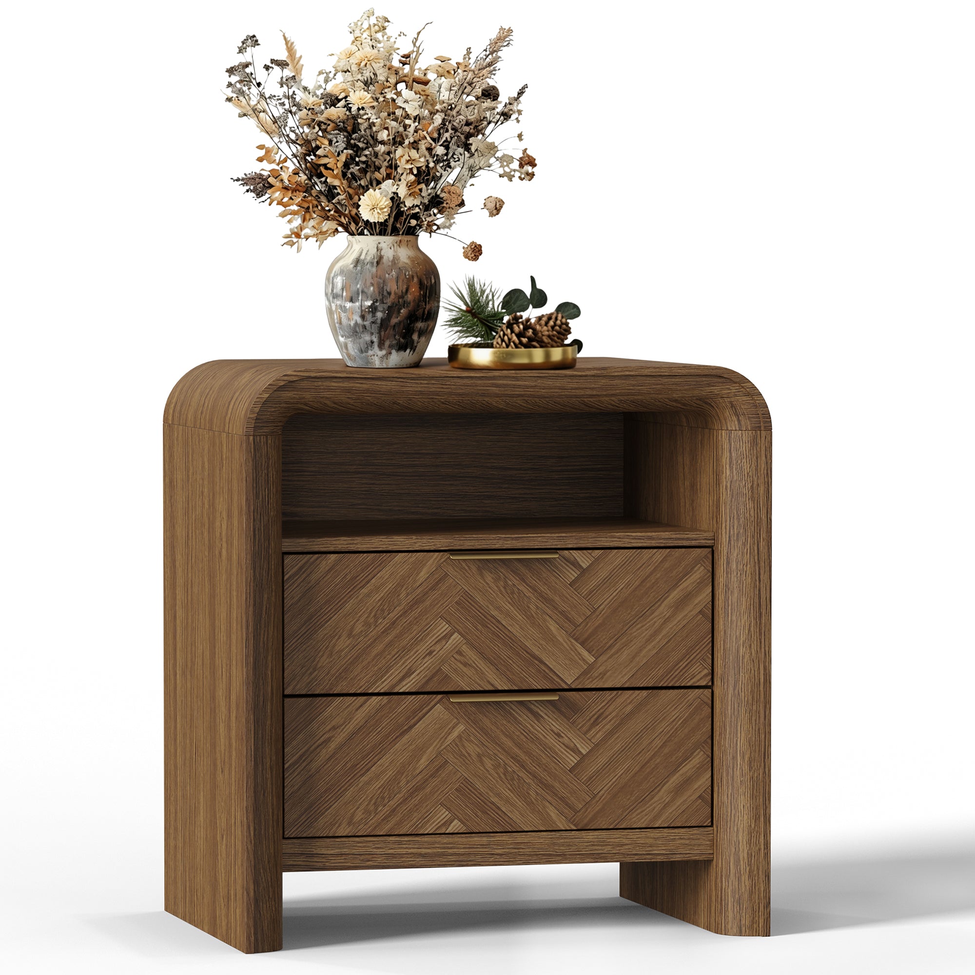 PAPROOS Nightstand with 2 Drawers and Open Shelf, 22.8" Wide Herringbone Bedside Table, Walnut Wood End Table with Curved Design and Gold Metal Handles for Bedroom