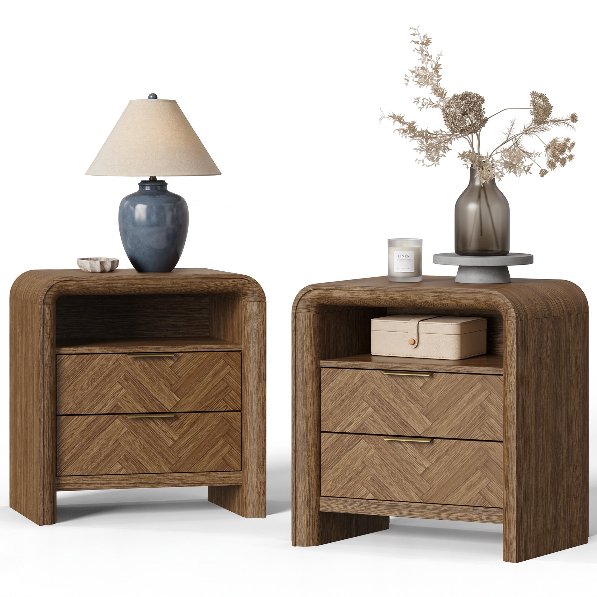 PAPROOS Nightstand with 2 Drawers and Open Shelf, 22.8" Wide Herringbone Bedside Table, Walnut Wood End Table with Curved Design and Gold Metal Handles for Bedroom