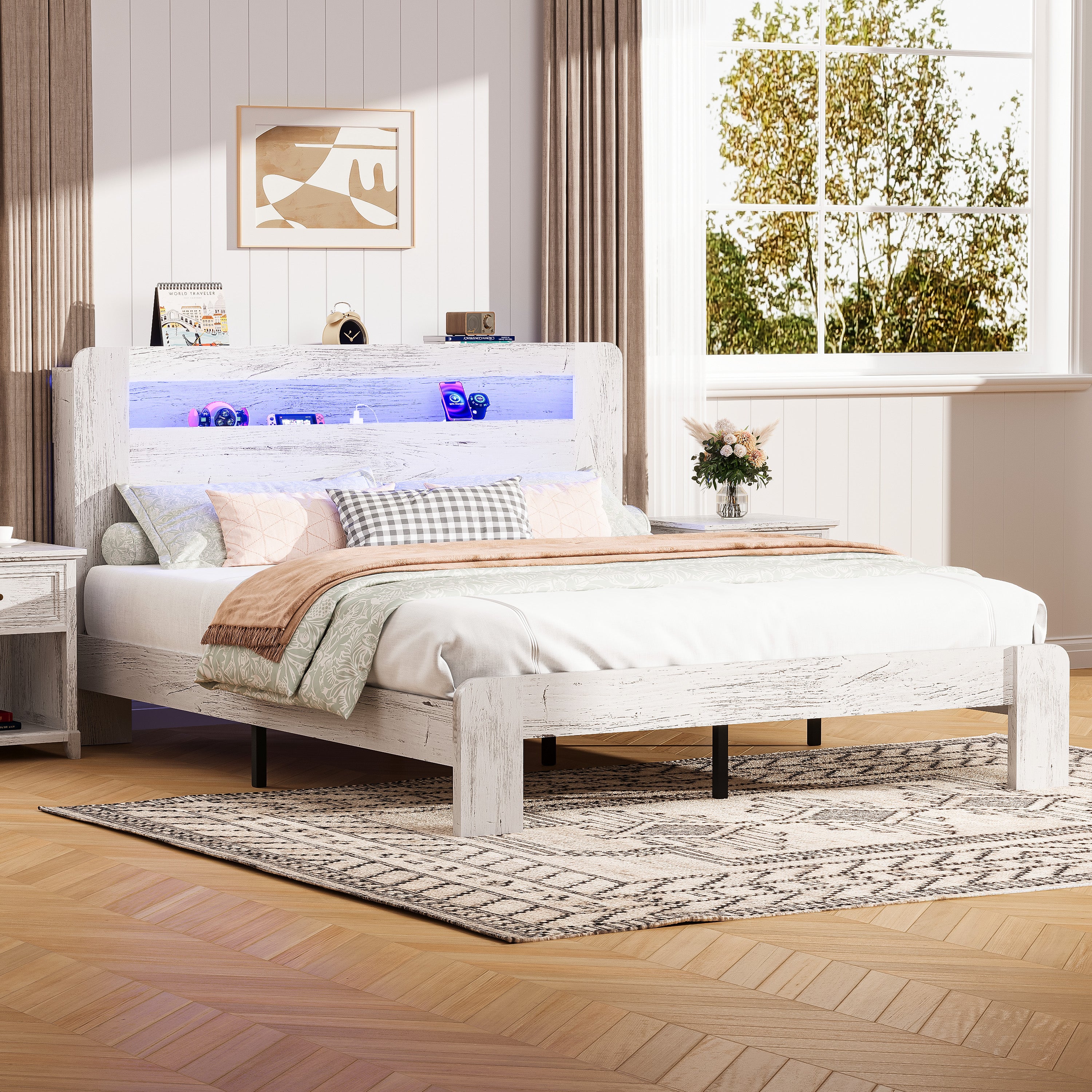 PAPROOS Queen Size Bed Frame, Wood Platform Bed with Charging Station and LED Light