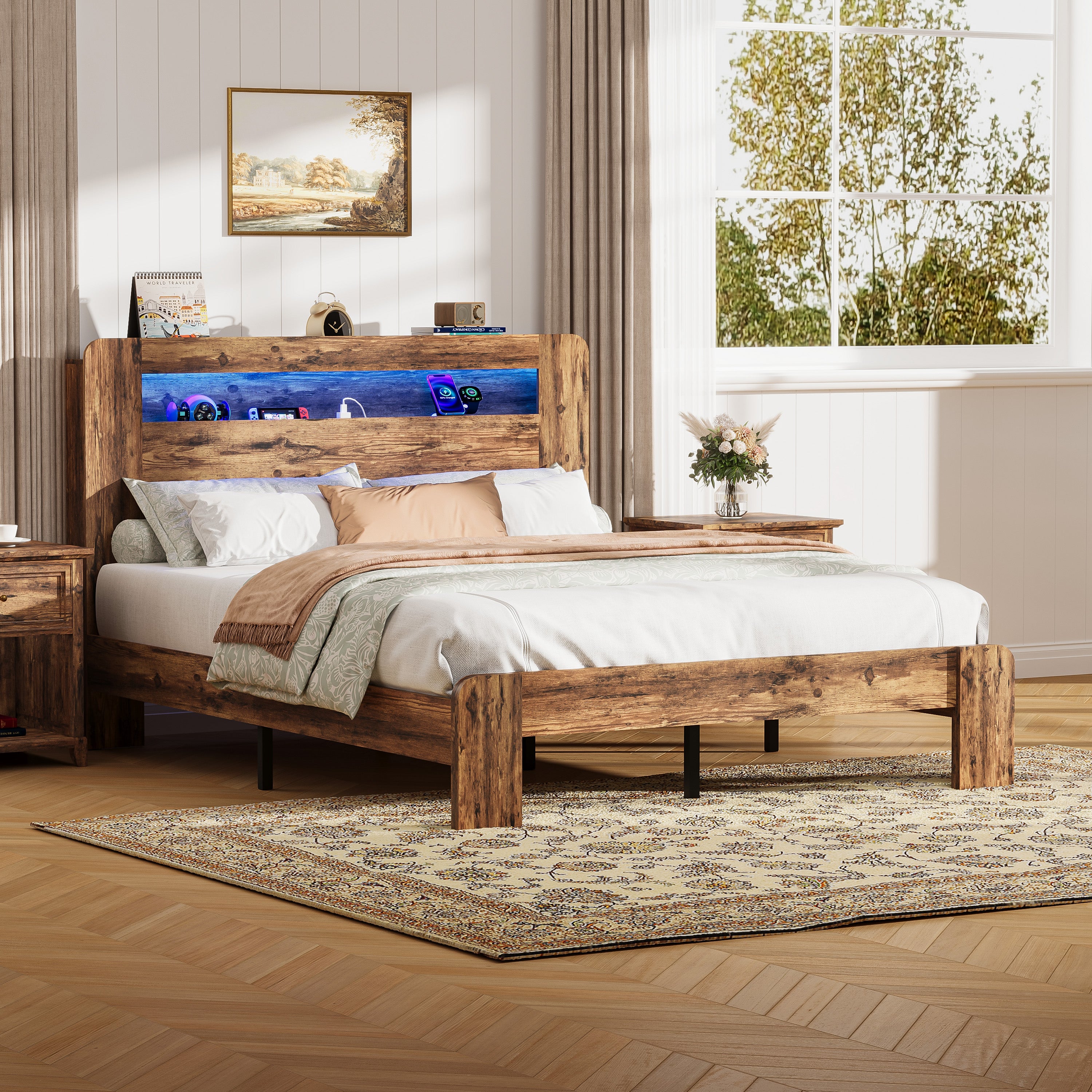 PAPROOS Queen Size Bed Frame, Wood Platform Bed with Charging Station and LED Light