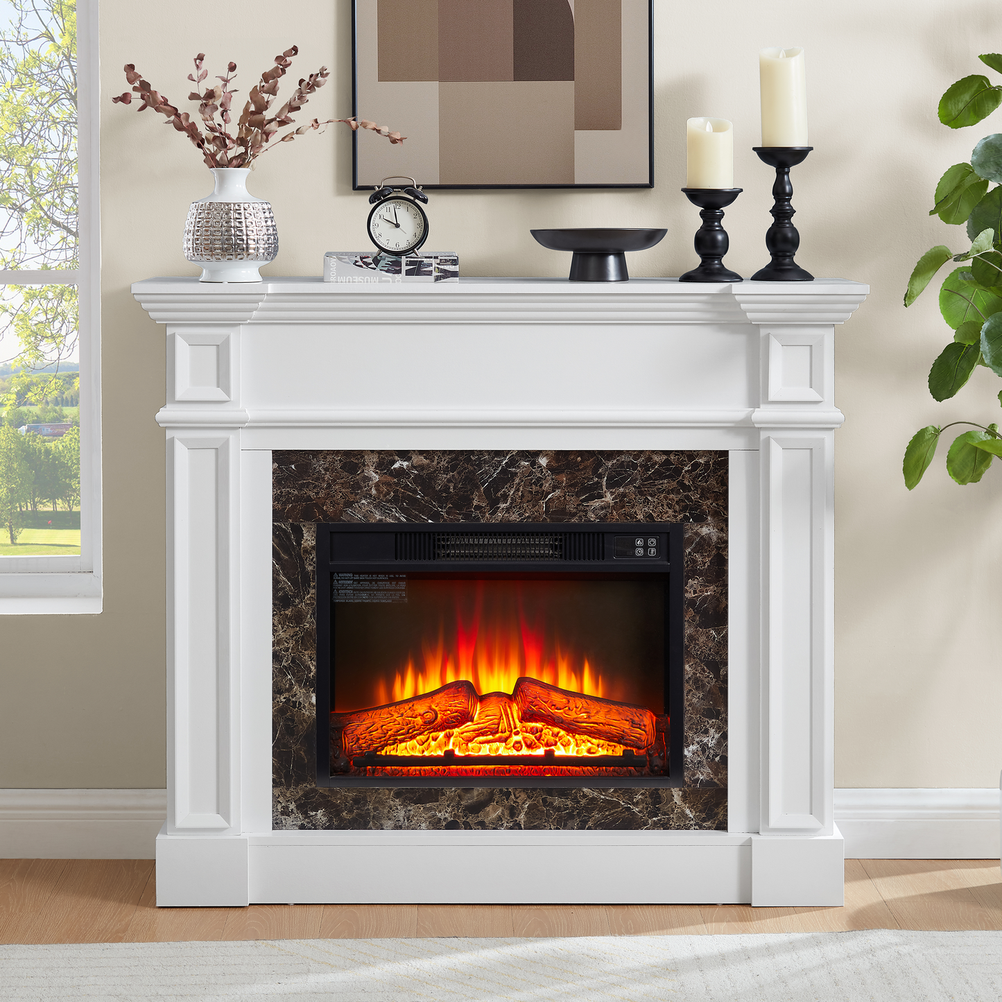 PAPROOS 41” Electric Fireplace with Mantel, Freestanding Electric Fireplace Heater with Remote Control, Adjustable Flame, Timer, Wooden Surround with Fireplace Insert for Living Room, 1400W, White