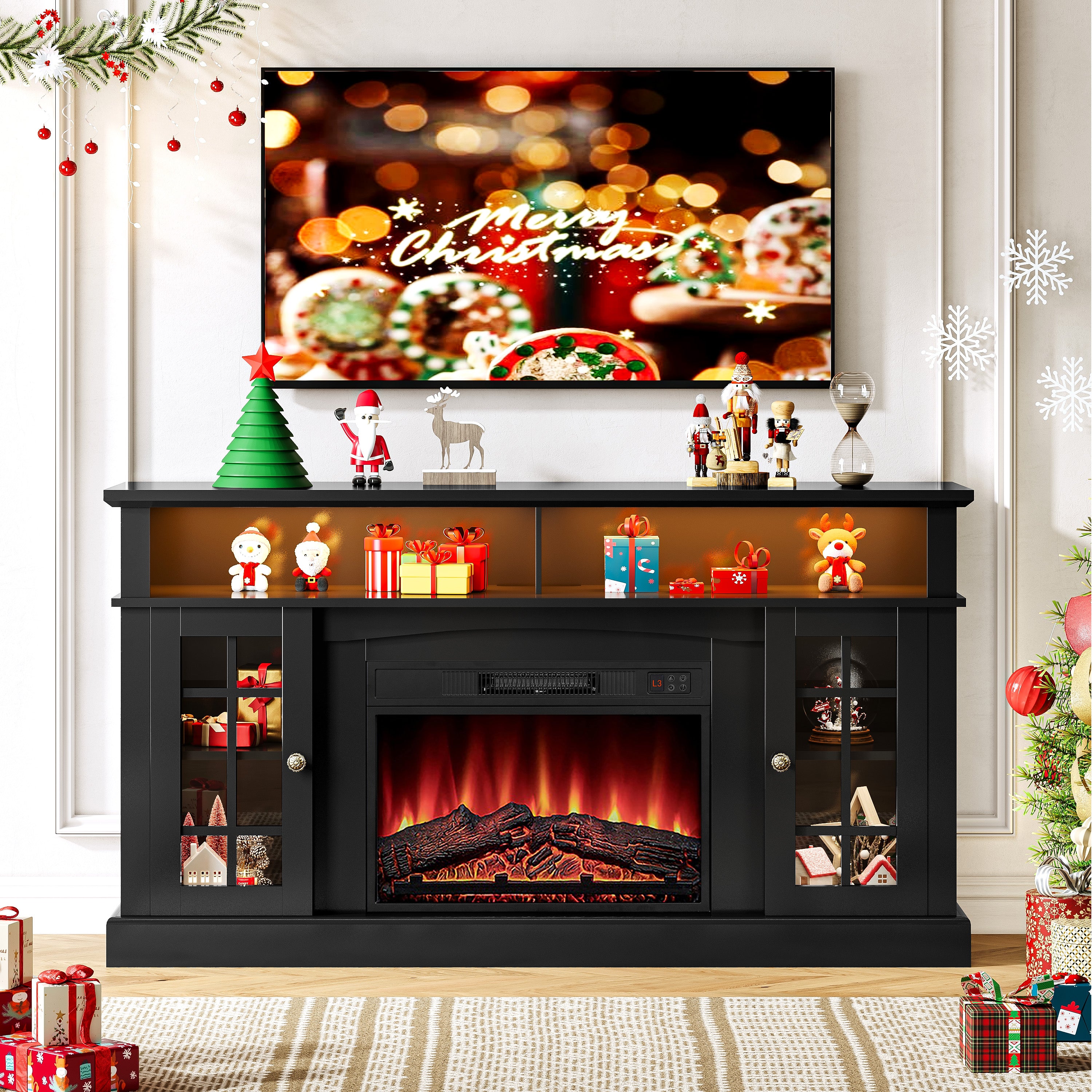 Fireplace TV Stand for 65 Inch TV, 1400w Farmhouse Electric TV Stand with Fireplace, Fireplace Entertainment Center with Remote Control for Living Room, Brown