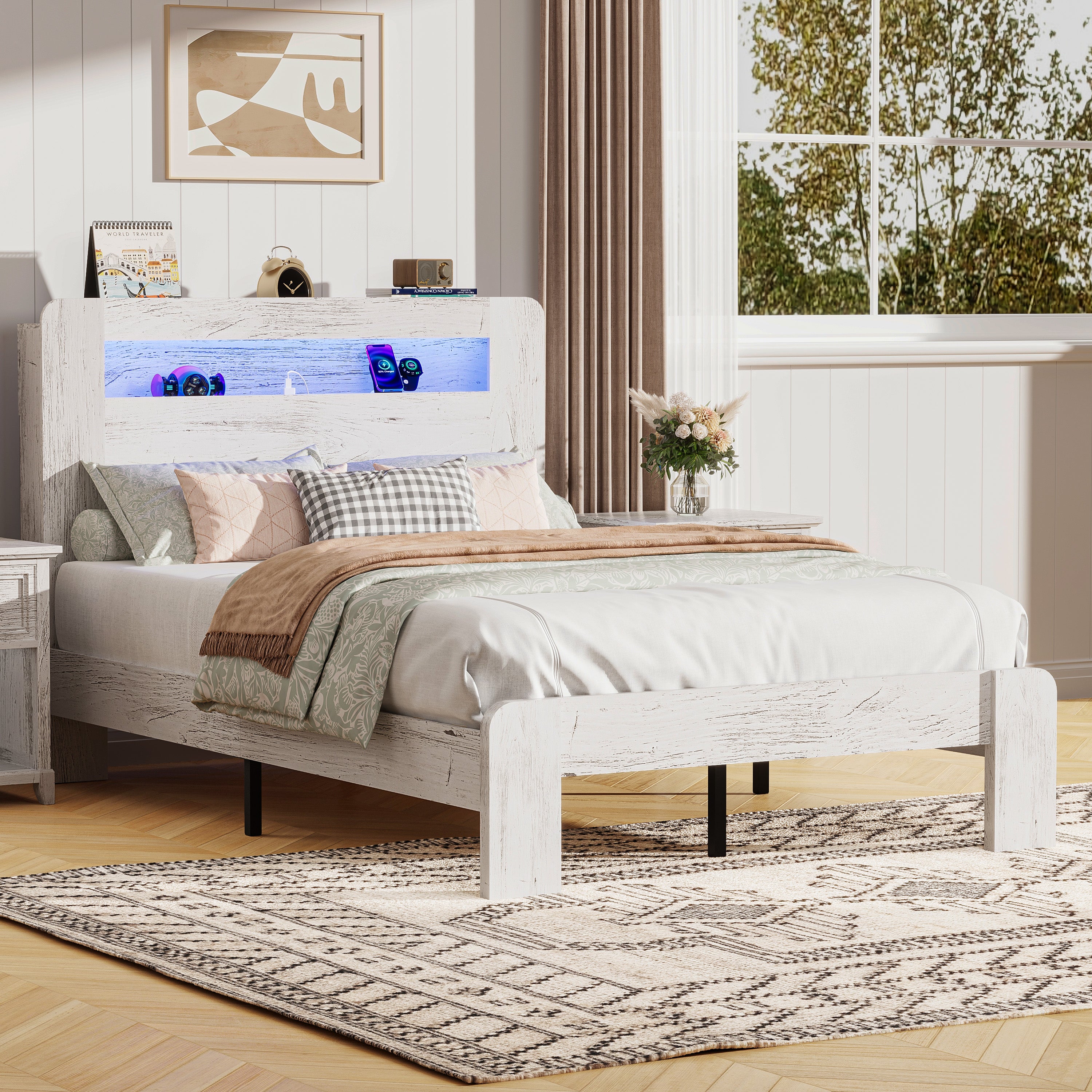 PAPROOS Queen Size Bed Frame, Wood Platform Bed with Charging Station and LED Light