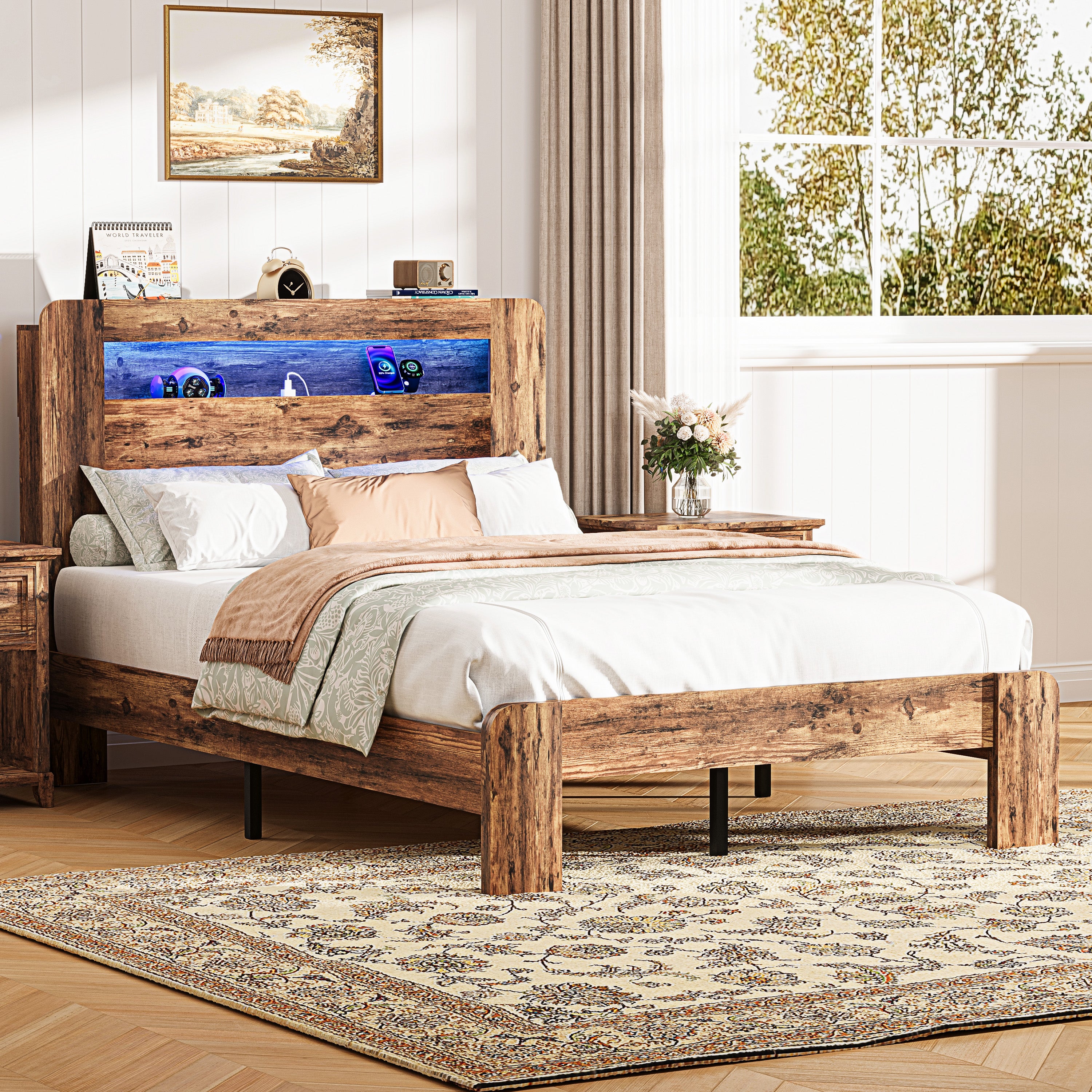 PAPROOS Queen Size Bed Frame, Wood Platform Bed with Charging Station and LED Light