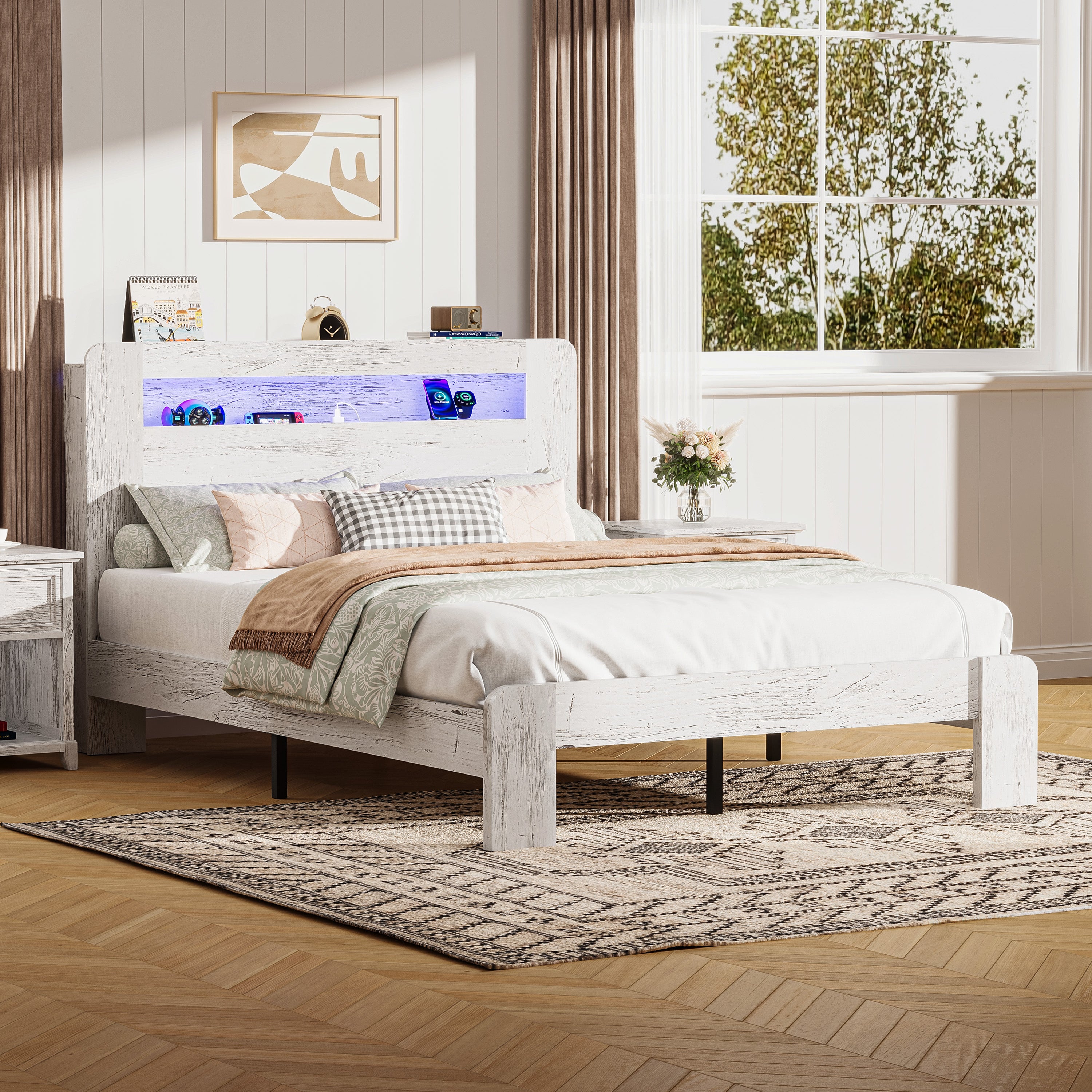 PAPROOS Queen Size Bed Frame, Wood Platform Bed with Charging Station and LED Light