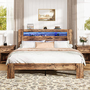 PAPROOS Queen Size Bed Frame, Wood Platform Bed with Charging Station and LED Light