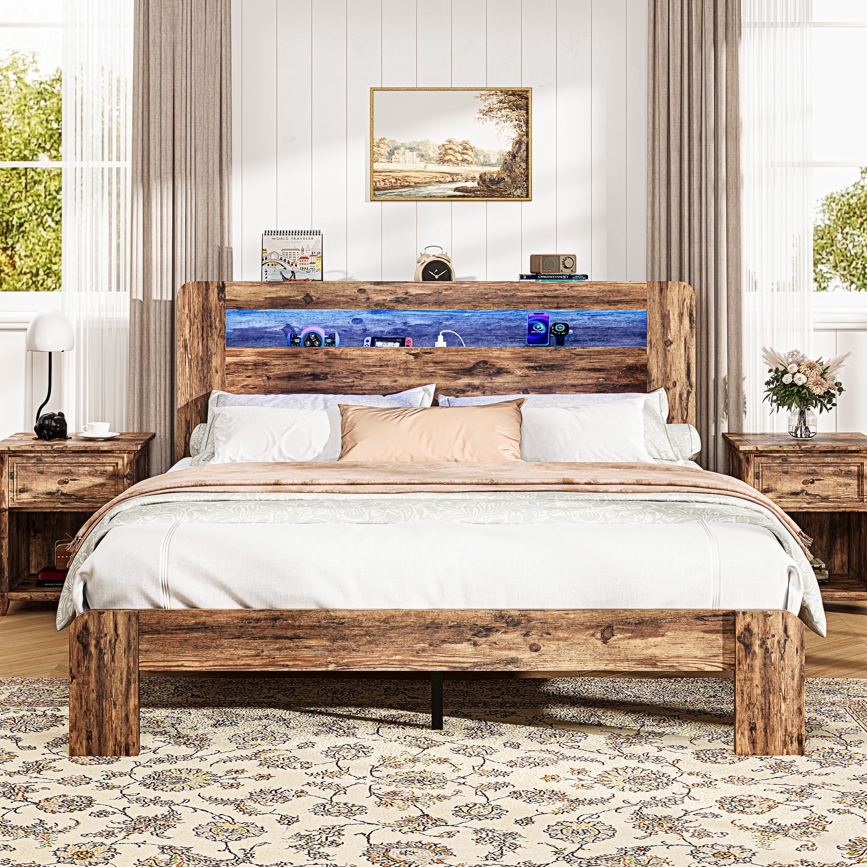 PAPROOS Queen Size Bed Frame, Wood Platform Bed with Charging Station and LED Light