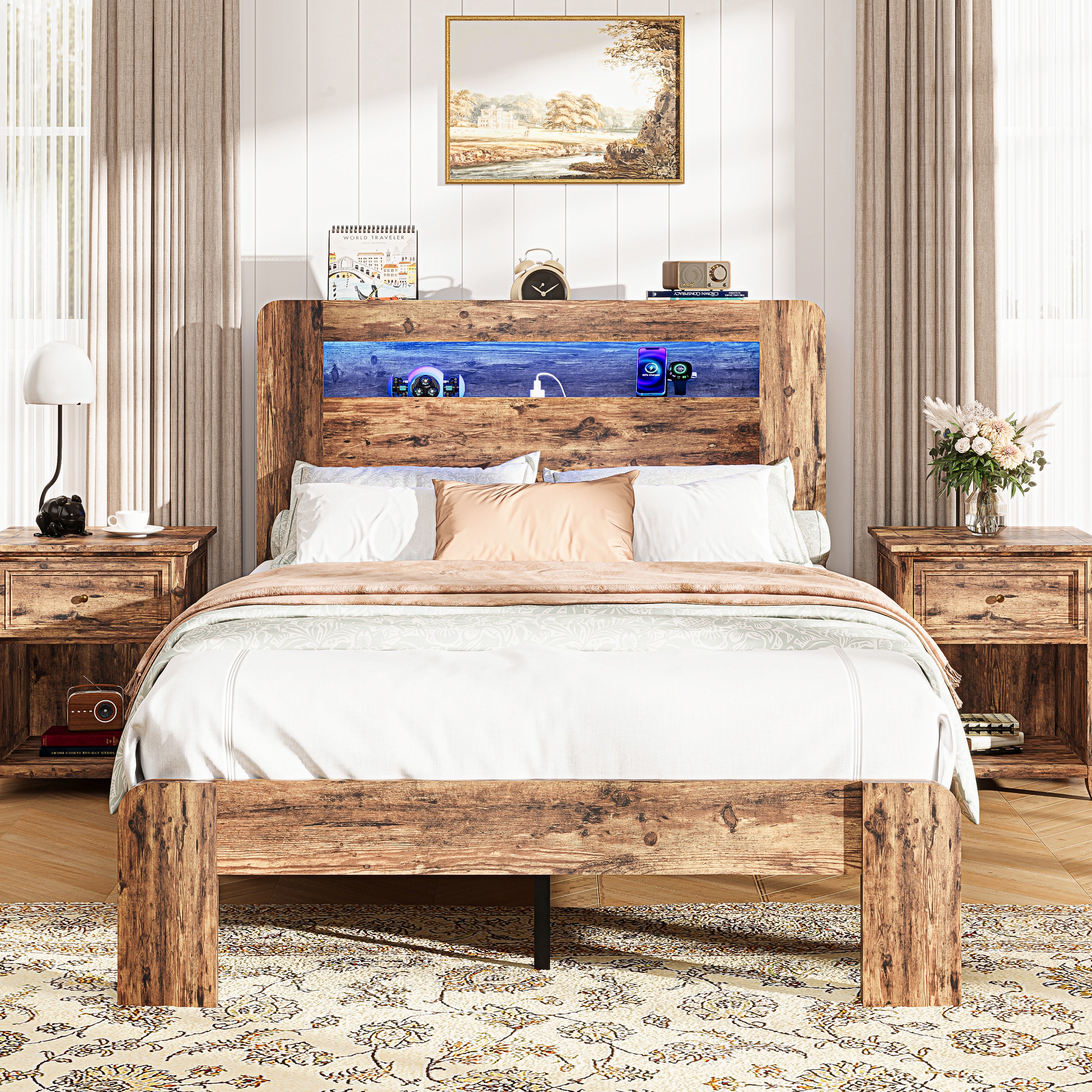 PAPROOS Queen Size Bed Frame, Wood Platform Bed with Charging Station and LED Light