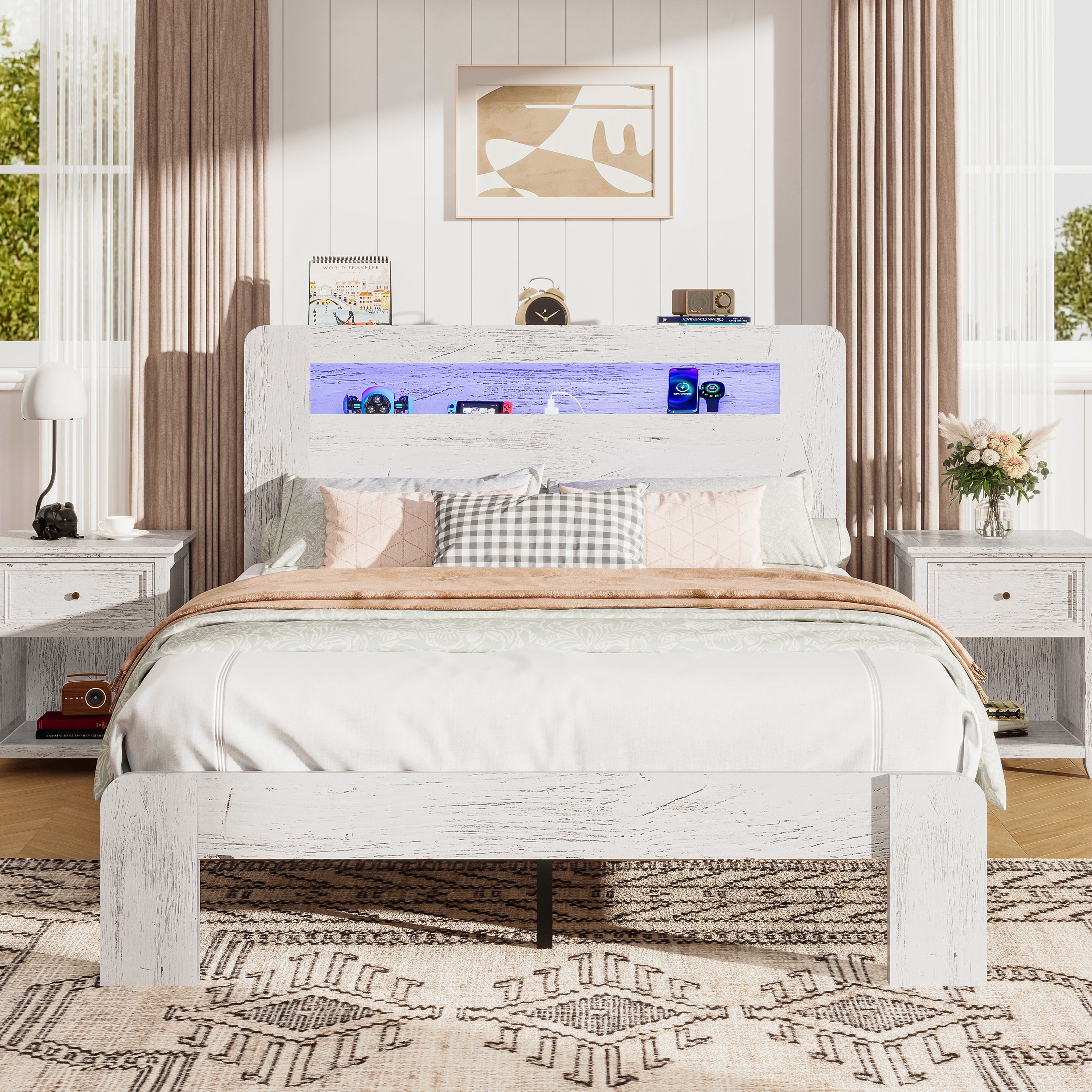 PAPROOS Queen Size Bed Frame, Wood Platform Bed with Charging Station and LED Light