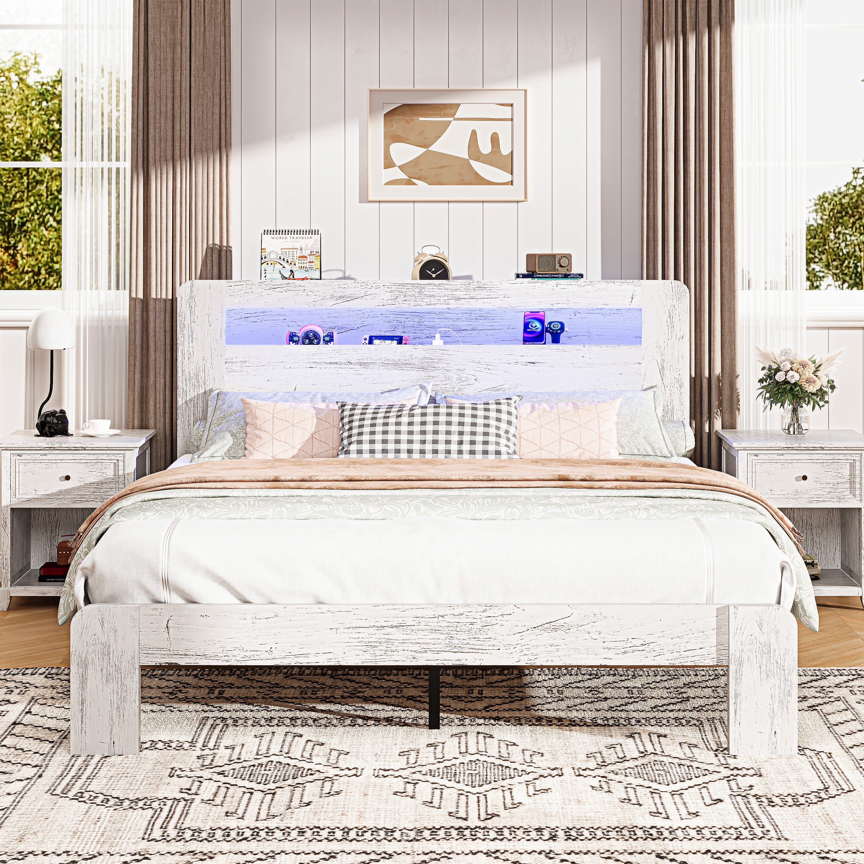 PAPROOS Queen Size Bed Frame, Wood Platform Bed with Charging Station and LED Light