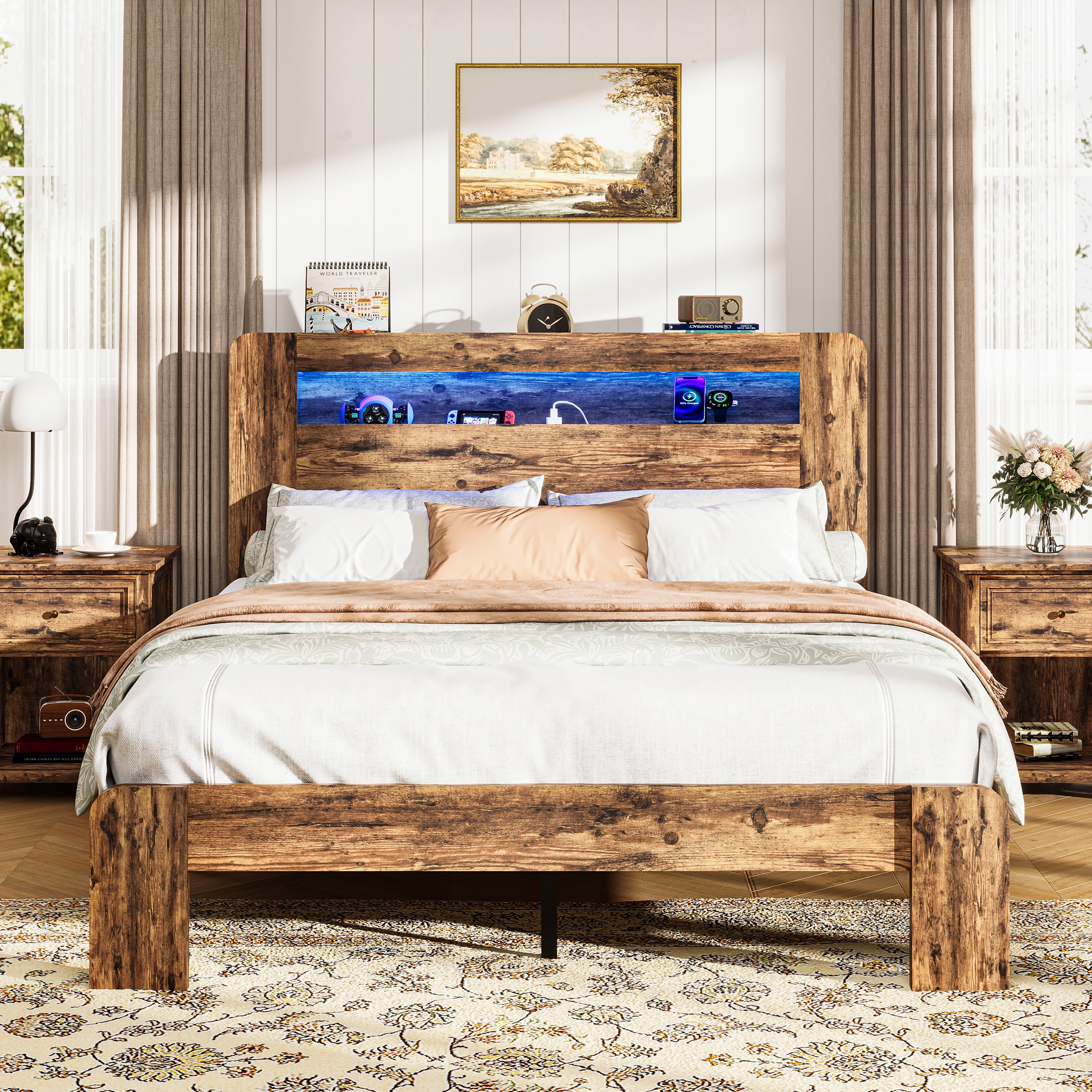 PAPROOS Queen Size Bed Frame, Wood Platform Bed with Charging Station and LED Light