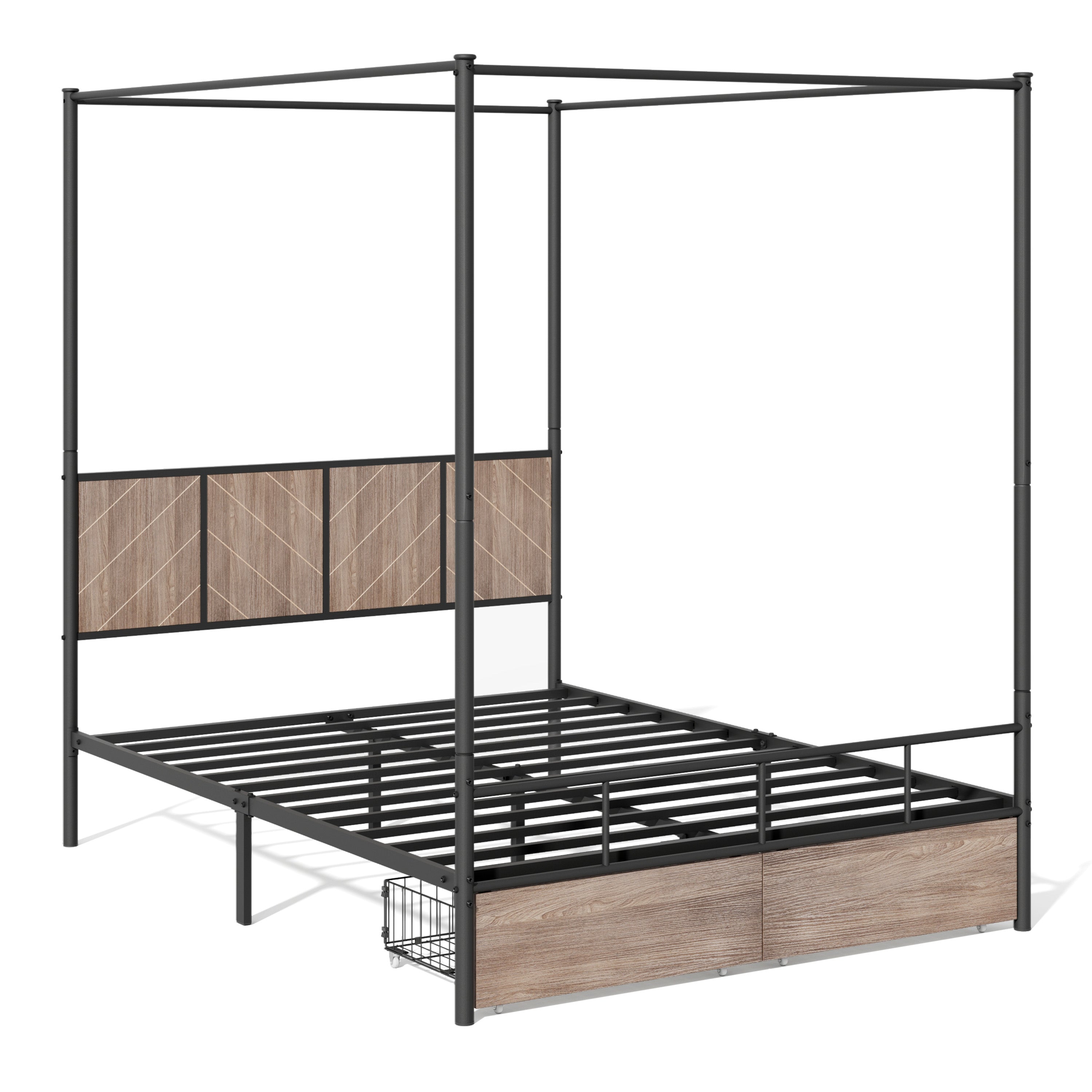 PAPROOS Full Size Canopy Bed Frame, Upholstered Bed Frame with Metal Slats, Metal Platform Bed with 2 Storage Drawers, No Box Spring Needed