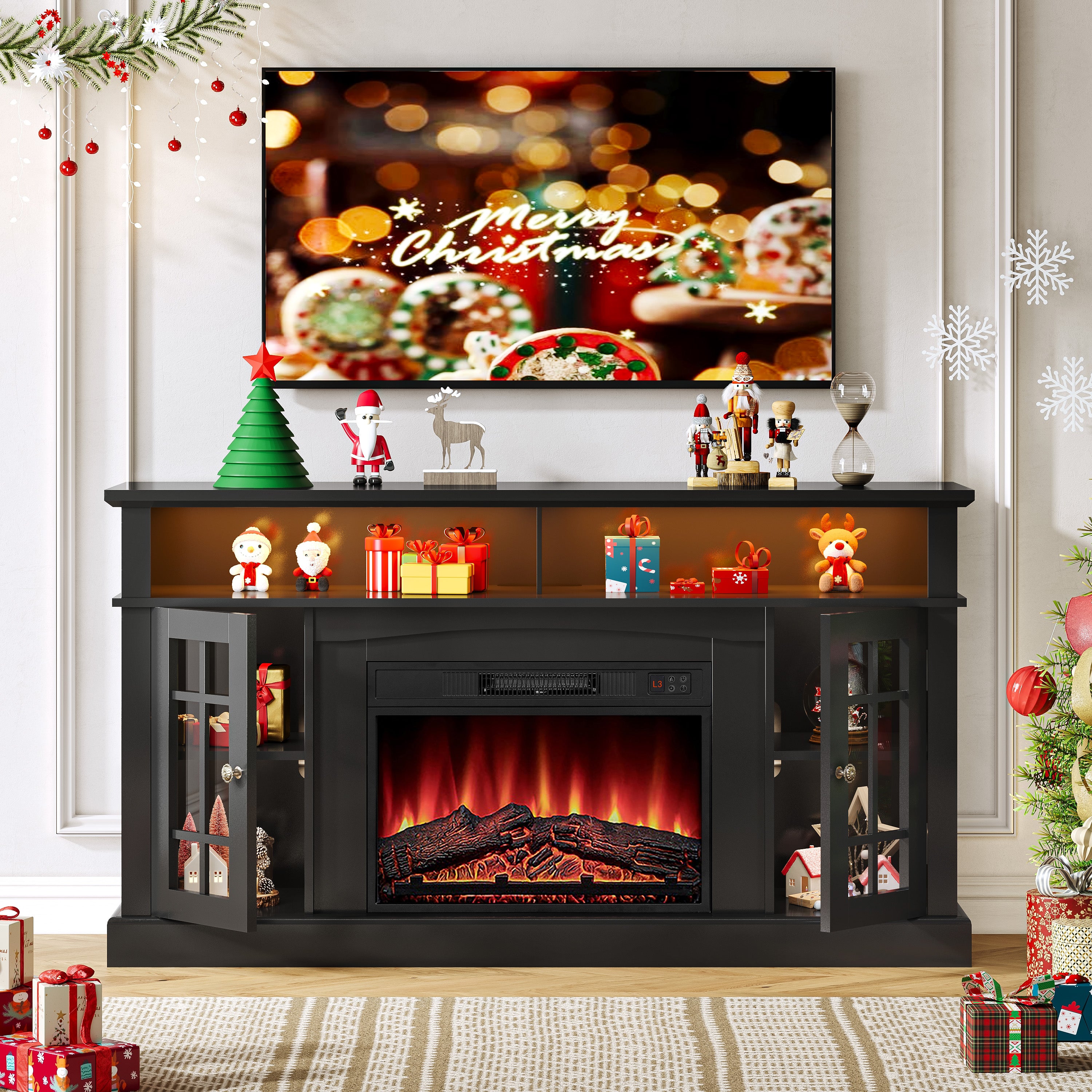 Fireplace TV Stand for 65 Inch TV, 1400w Farmhouse Electric TV Stand with Fireplace, Fireplace Entertainment Center with Remote Control for Living Room, Brown